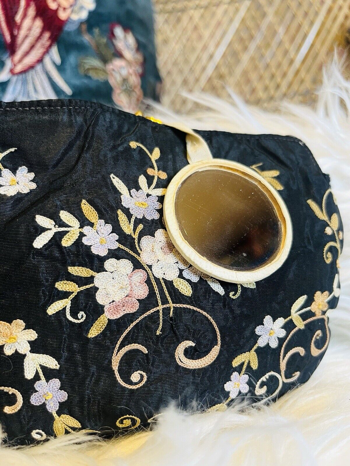 Vintage 1920s Embroidered Bag Small Antique Floral Clutch Purse With Mirror