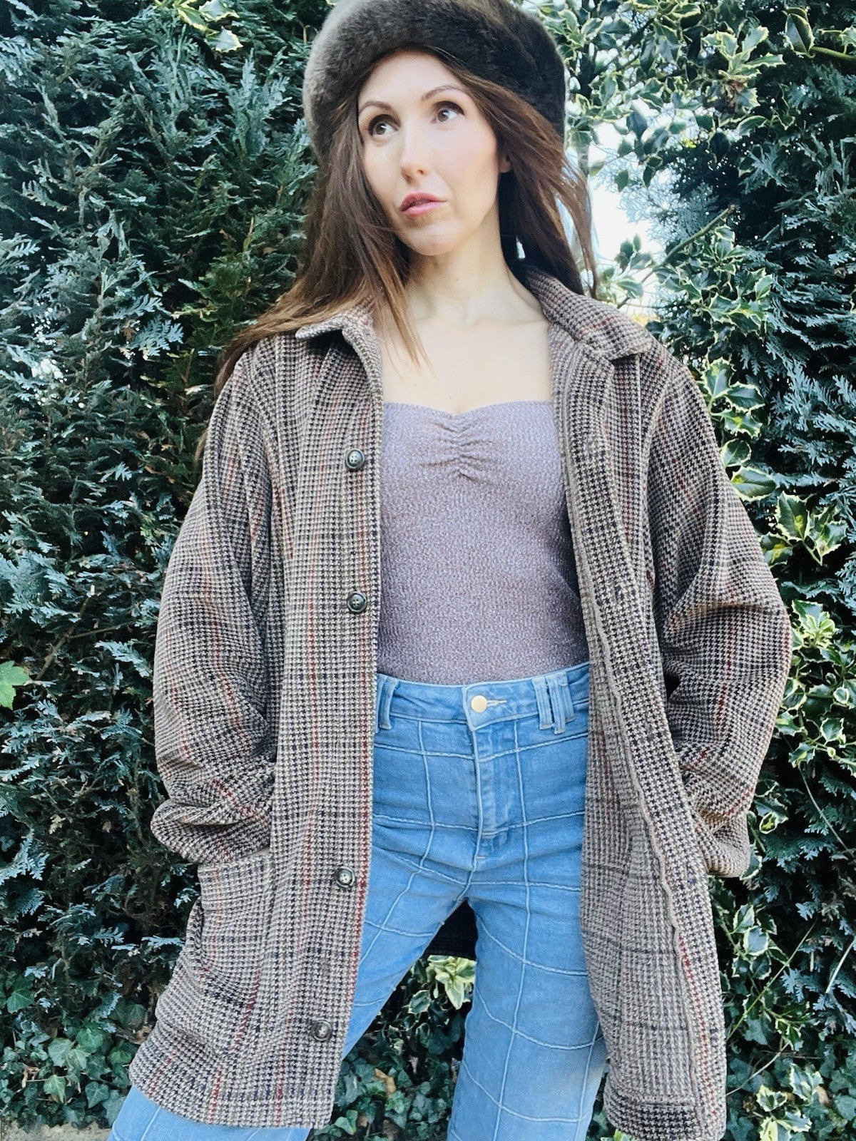 Vintage 80s Fleece Jacket, St Micheal Check Dogtooth Houndstooth Fluffy Coat XL