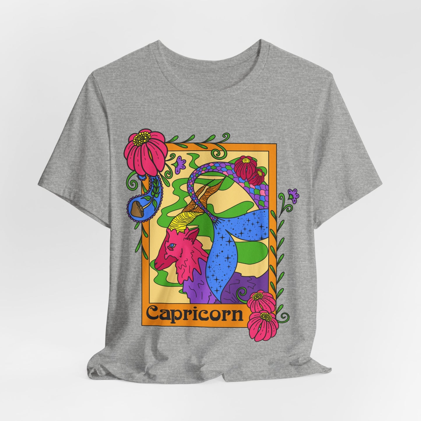 Capricorn star sign T-Shirt, Sea goat zodiac astrology top, Horoscope birthday gift Tee, Bold retro colourful Design tshirt