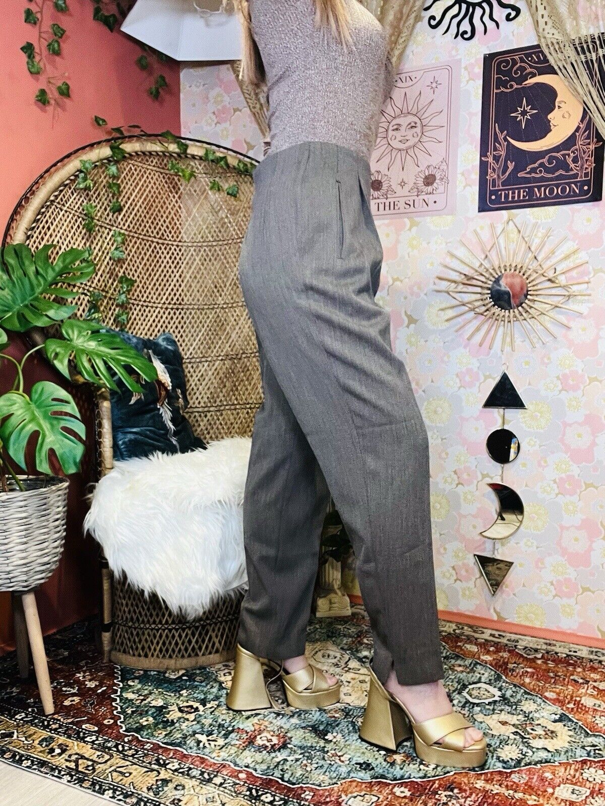 Vintage 80s Work Trousers By St Michael Tailored Tapered Long Leg Grey/beige 10