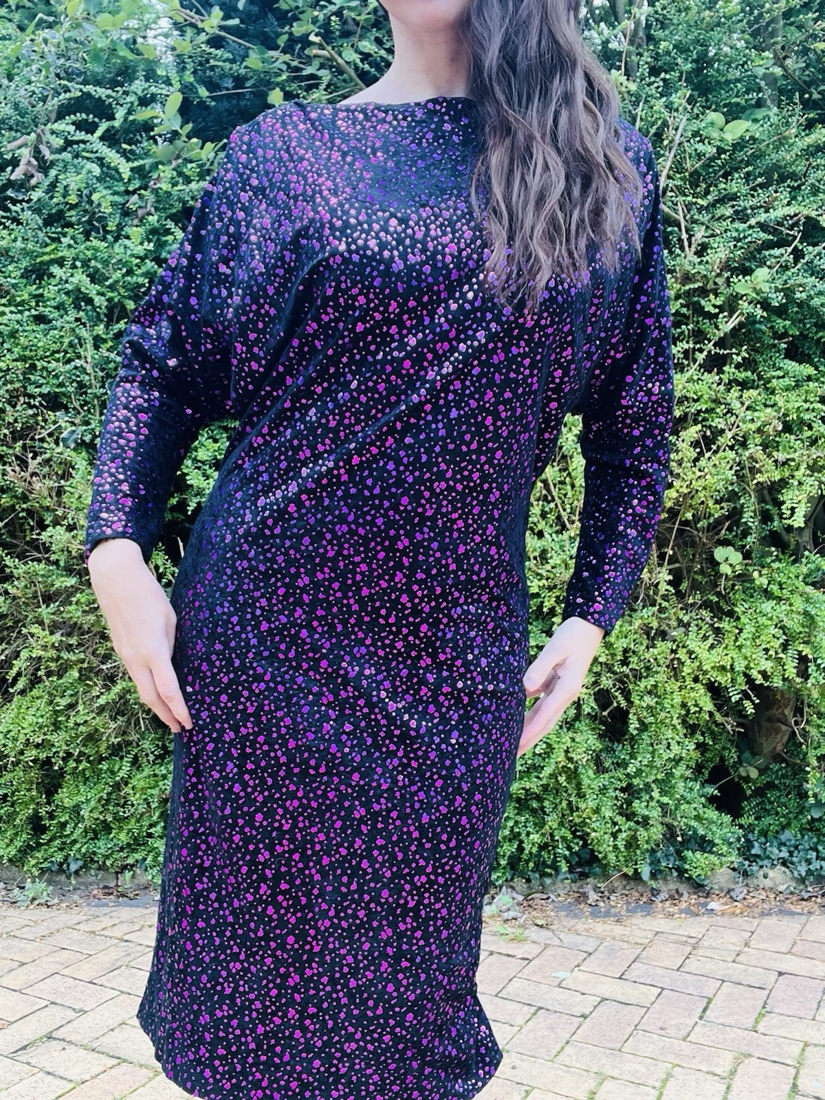 Vintage 1980s Batwing Dress Long Sleeve Polcadot Shiny Fun Fancy Dress Size 10