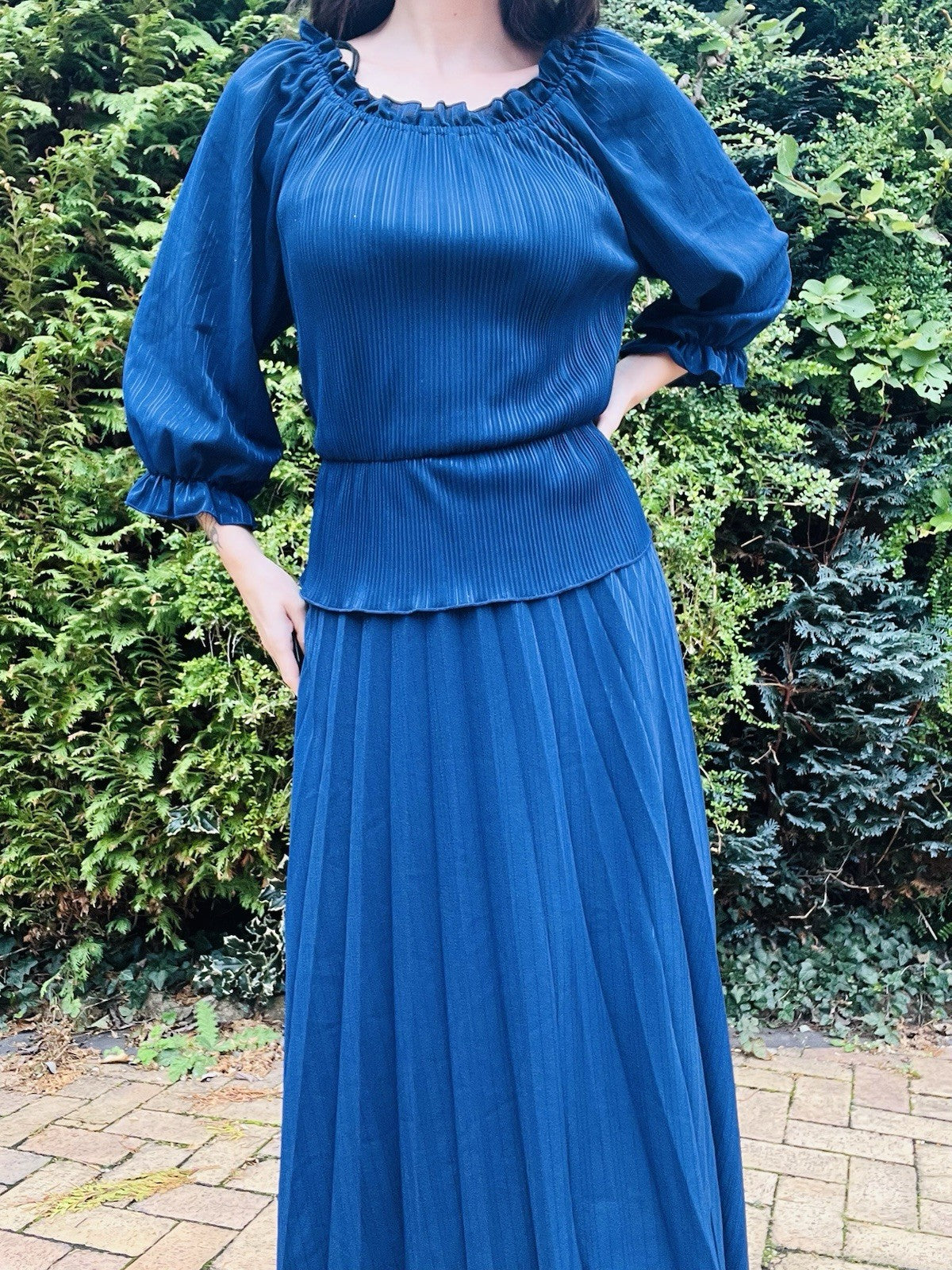 Vintage 1980s Peplum Dress Long Maxi Pleated Dress, Balloon Sleeves, 18-20