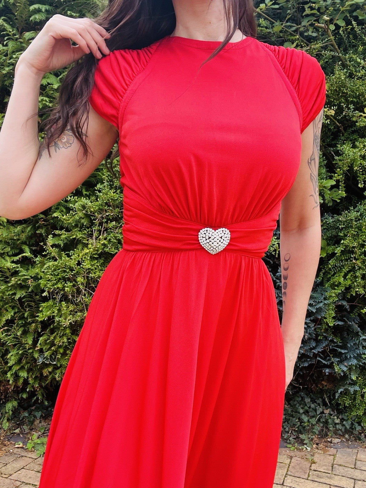 Vintage 1980s Cocktail Dress By YvetteParis, Red High Neck With Heart Belt 10