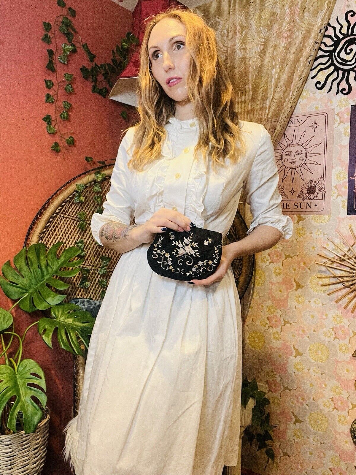 Vintage 1920s Embroidered Bag Small Antique Floral Clutch Purse With Mirror