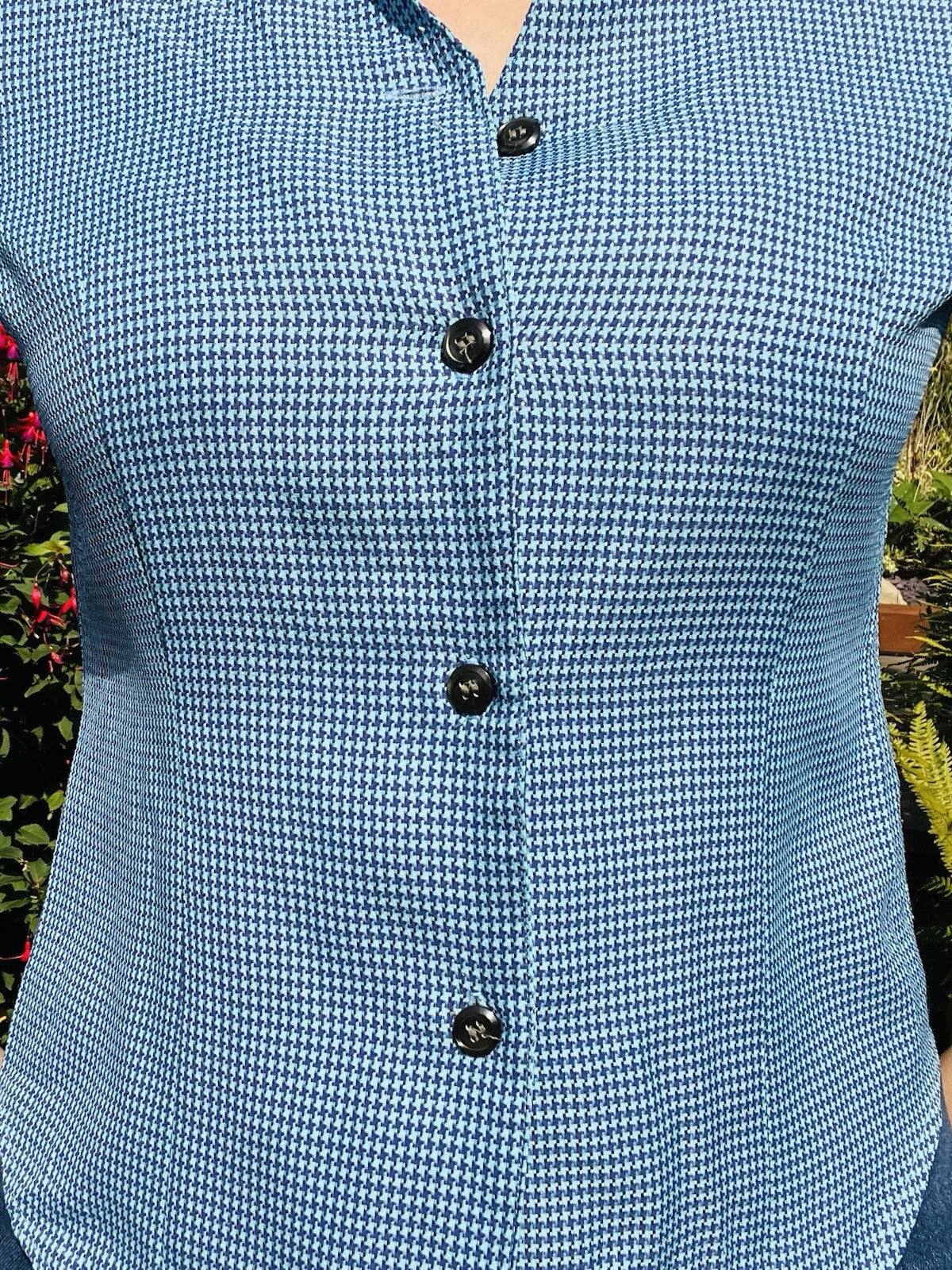 Vintage 1980s Summer Shirt Short Sleeve Dogtooth Houndstooth Blouse Blue Size 10