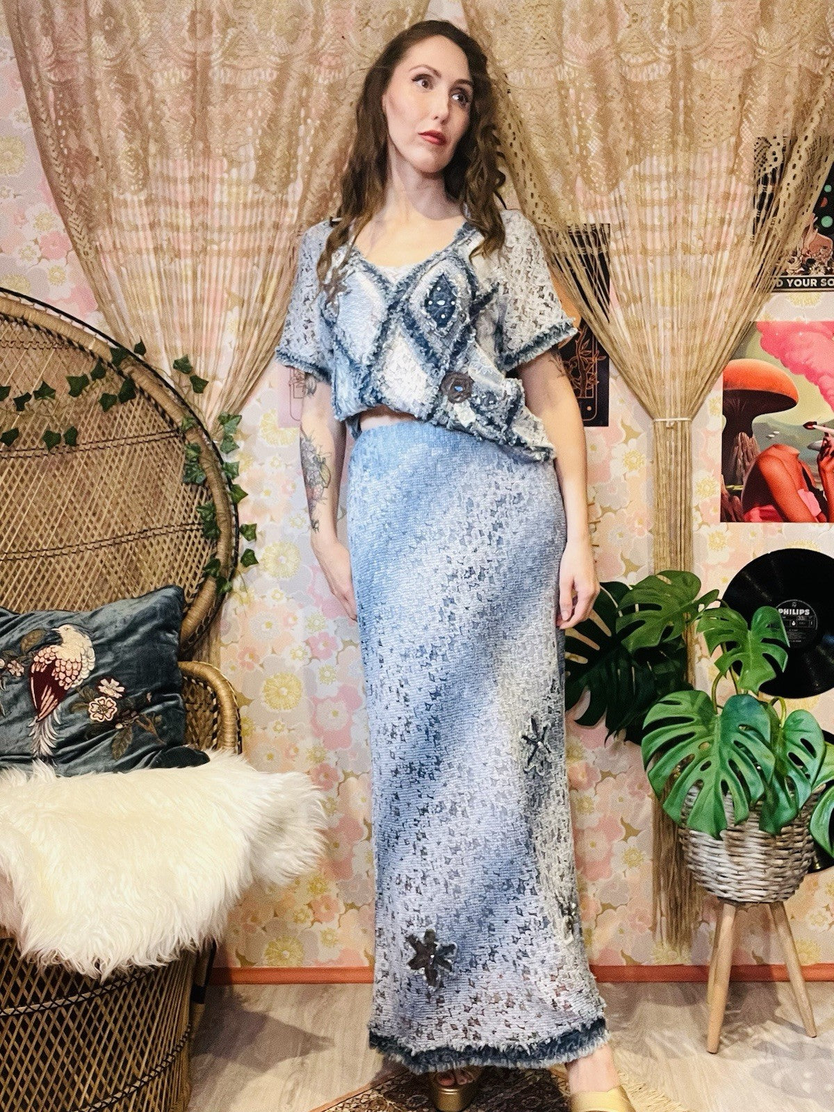 Vintage 90s Two Price Coord Set Maxi Skirt Sand T-shirt Top Frayed Denim Look 14