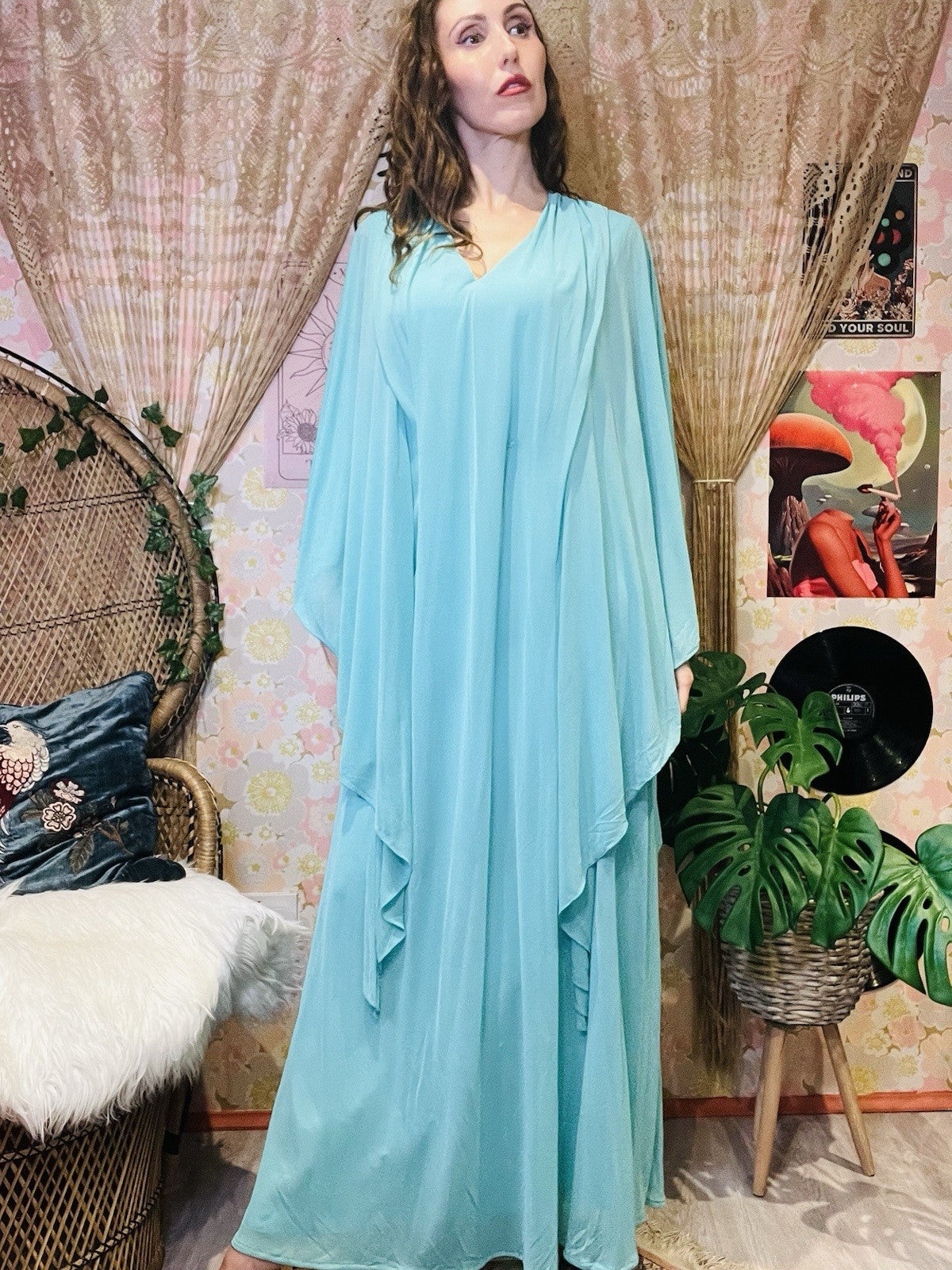 Vintage 1970s Maxi Dress Flared Angel Sleeve Floaty Layered Hippie Dress Blue 14