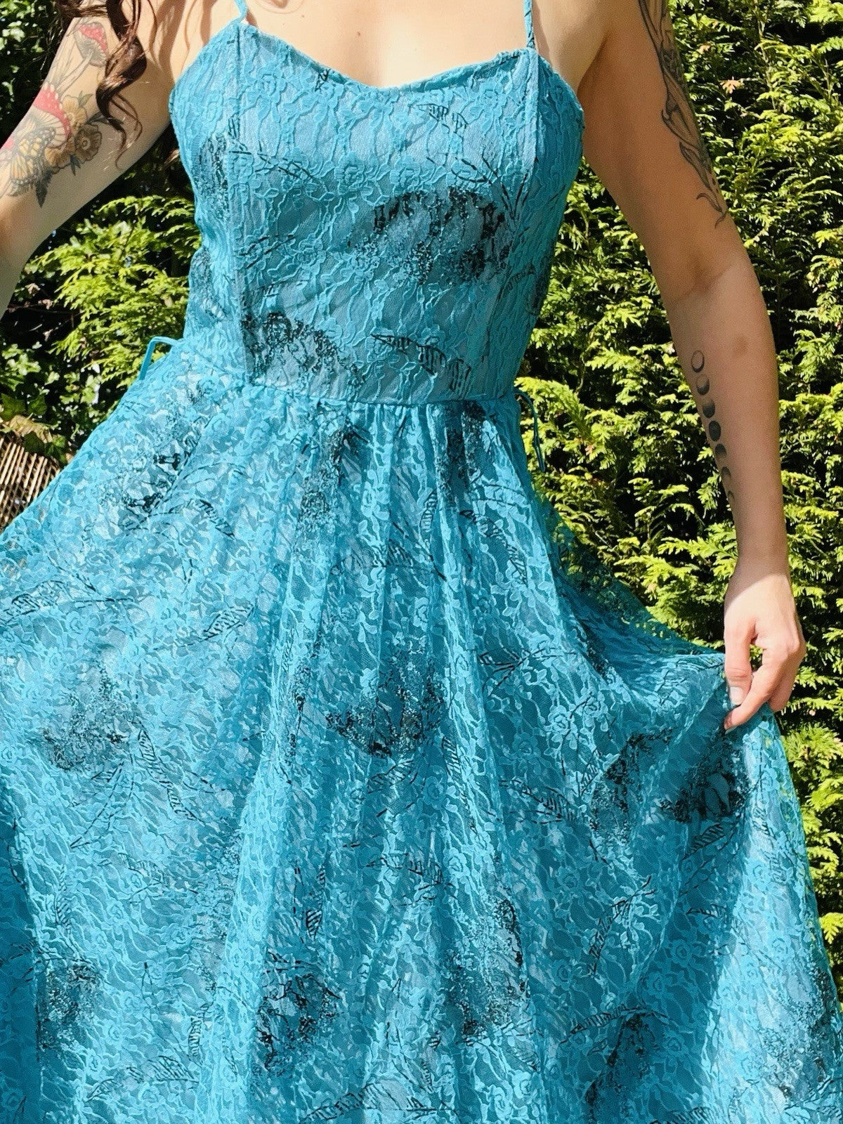 Vintage 1980s Party Dress, Strappy A-line With Floral Lace Overlay - Blue 10