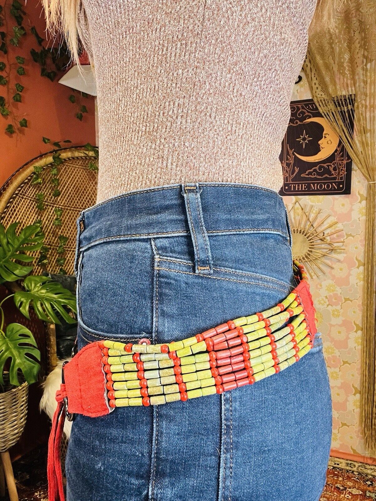 Vintage Boho Hippie Belt Beaded Rope Chain Waist Jewellery Red Green 35inch