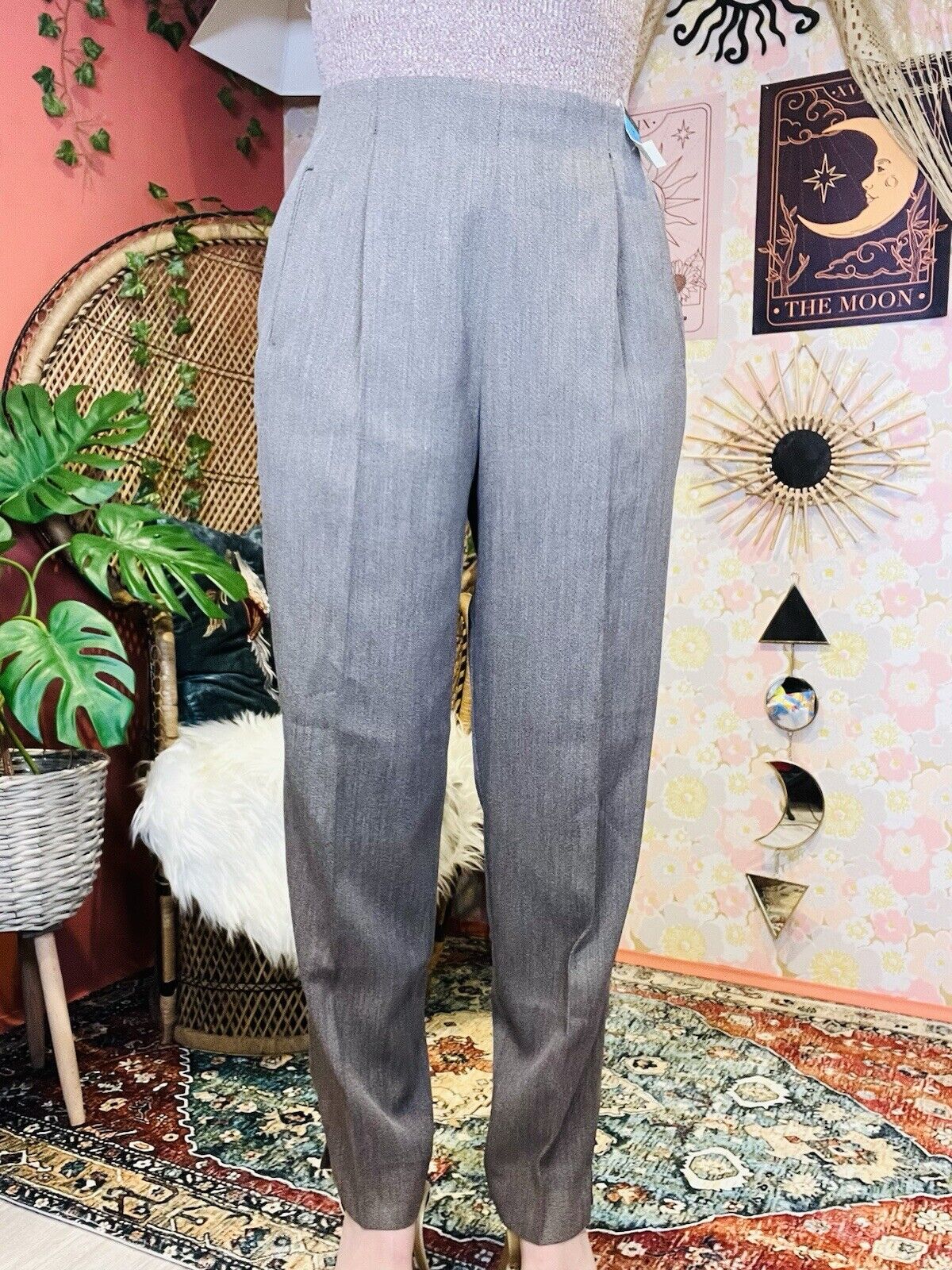Vintage 80s Work Trousers By St Michael Tailored Tapered Long Leg Grey/beige 10