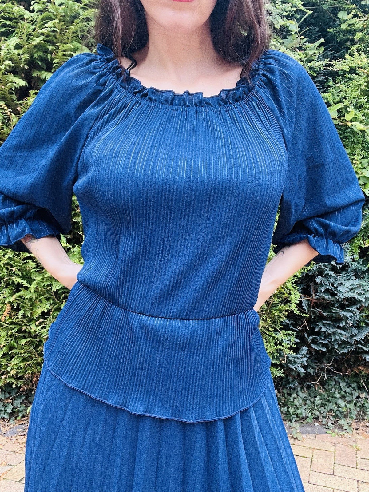 Vintage 1980s Peplum Dress Long Maxi Pleated Dress, Balloon Sleeves, 18-20