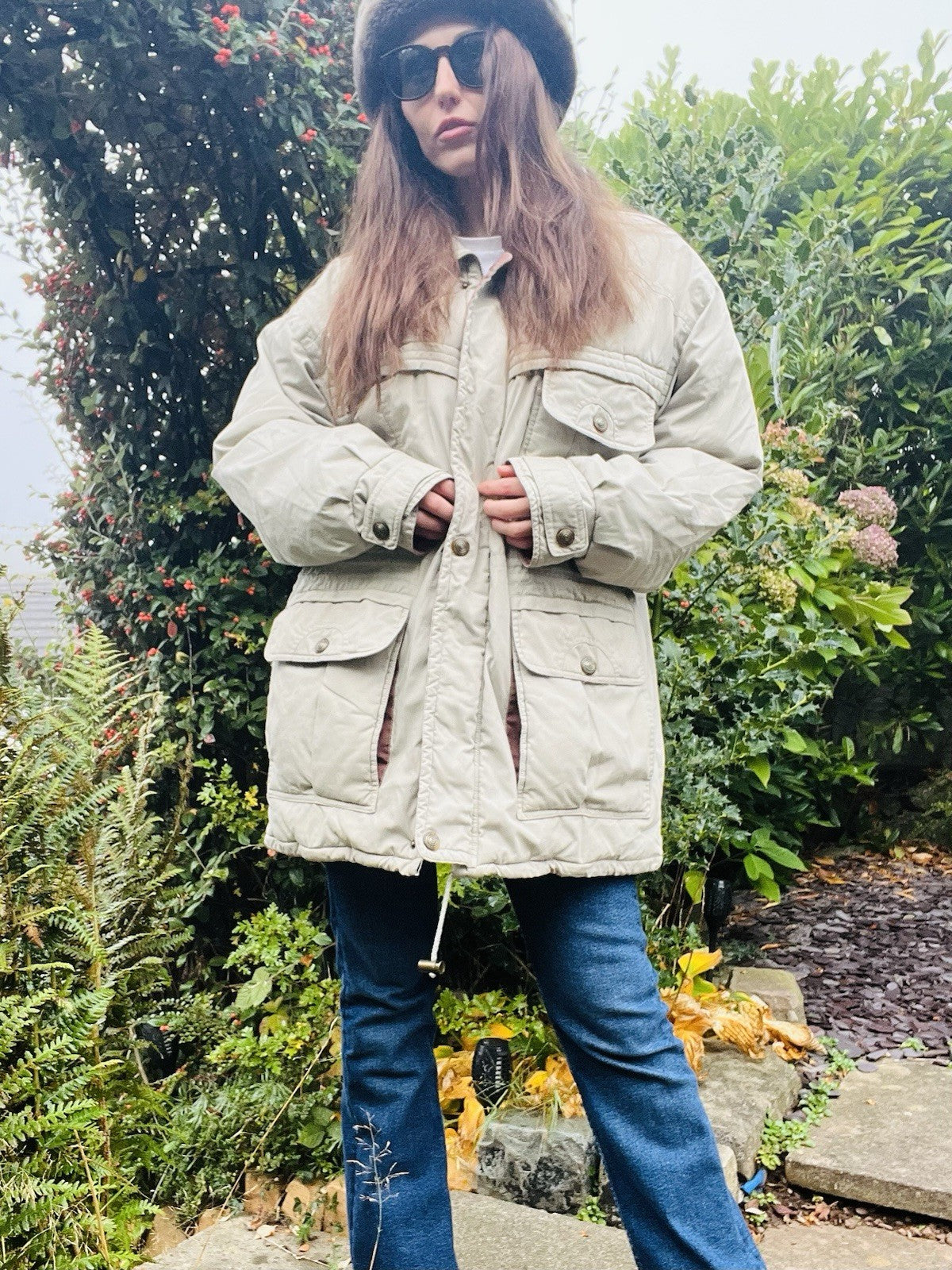 Vintage 90s Winter Coat Oversized Feather Down Jacket By Canda C&A Beige Size 12