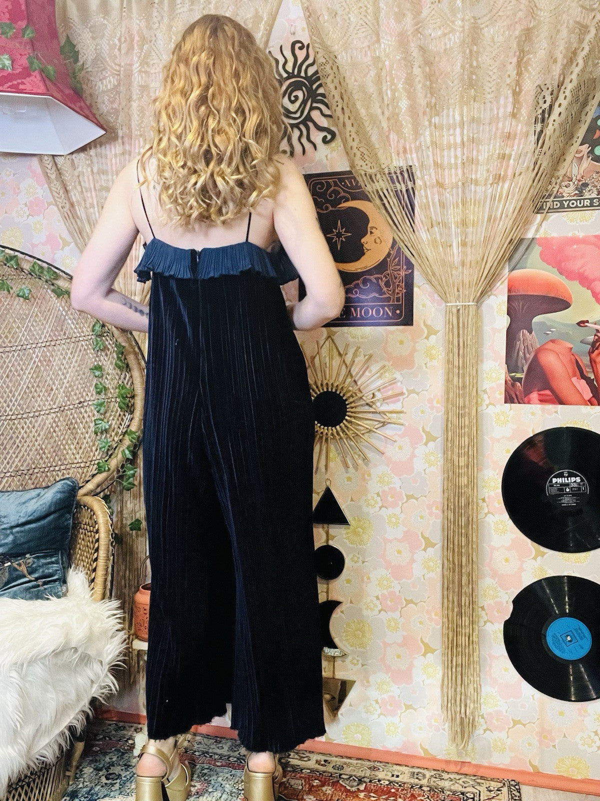 Retro Flared Velvet Jumpsuit By Plastic Ribbed Frilly Baggy Fit Romper Blue 12