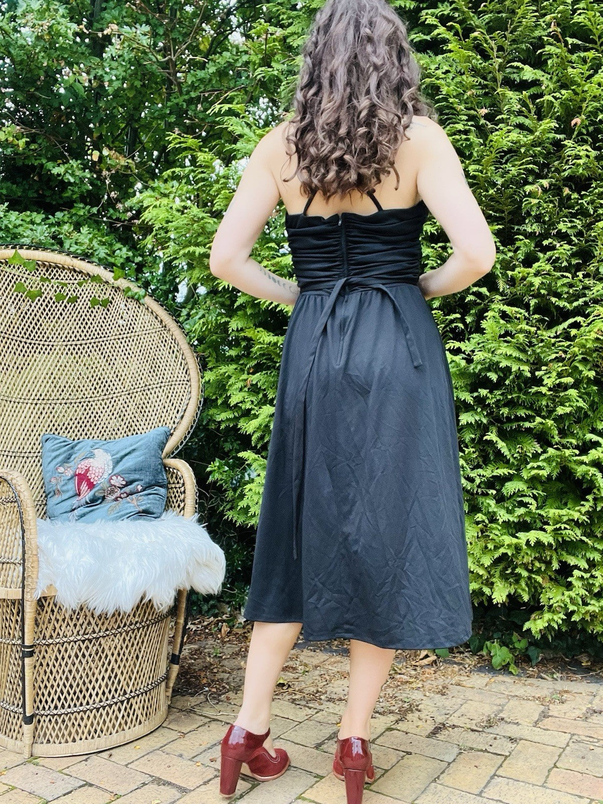 Vintage 1980s Party Dress Black Floaty Rouched Waist Strappy Dress Size 12