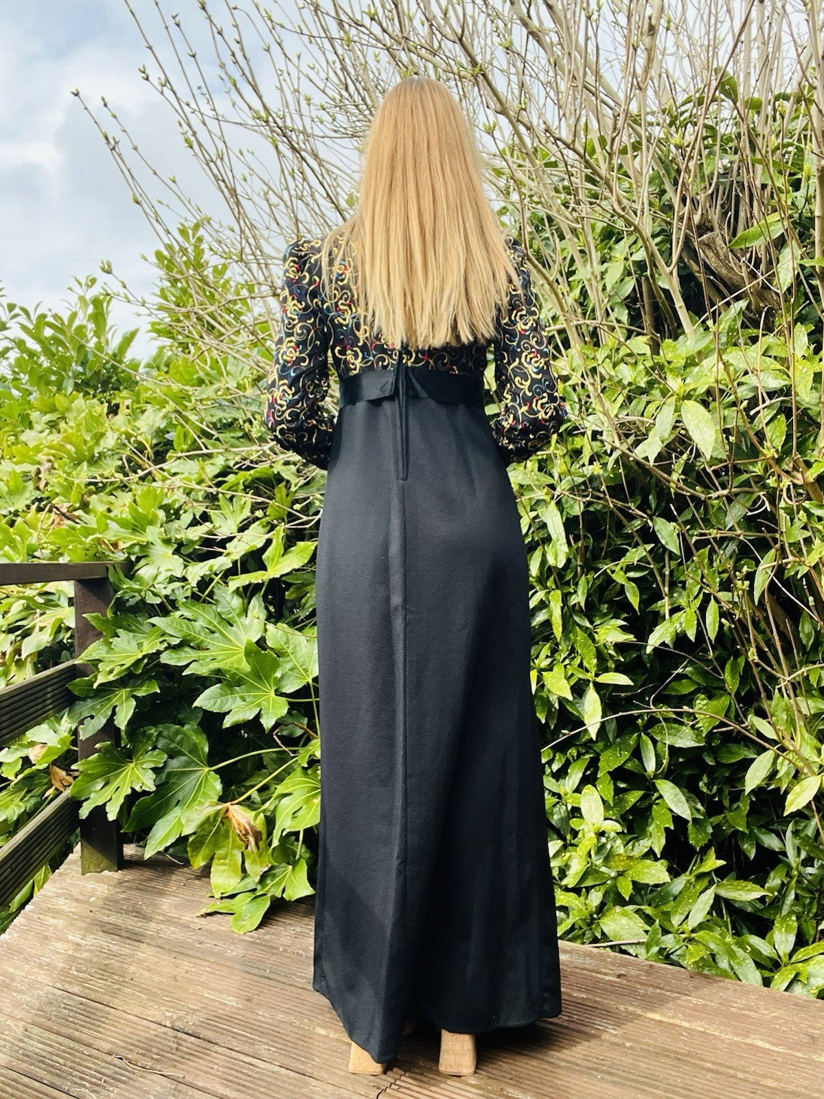 Vintage 1960s Maxi Dress Long Sleeve Embroidered Hippie Boho Tie Waist Dress 10