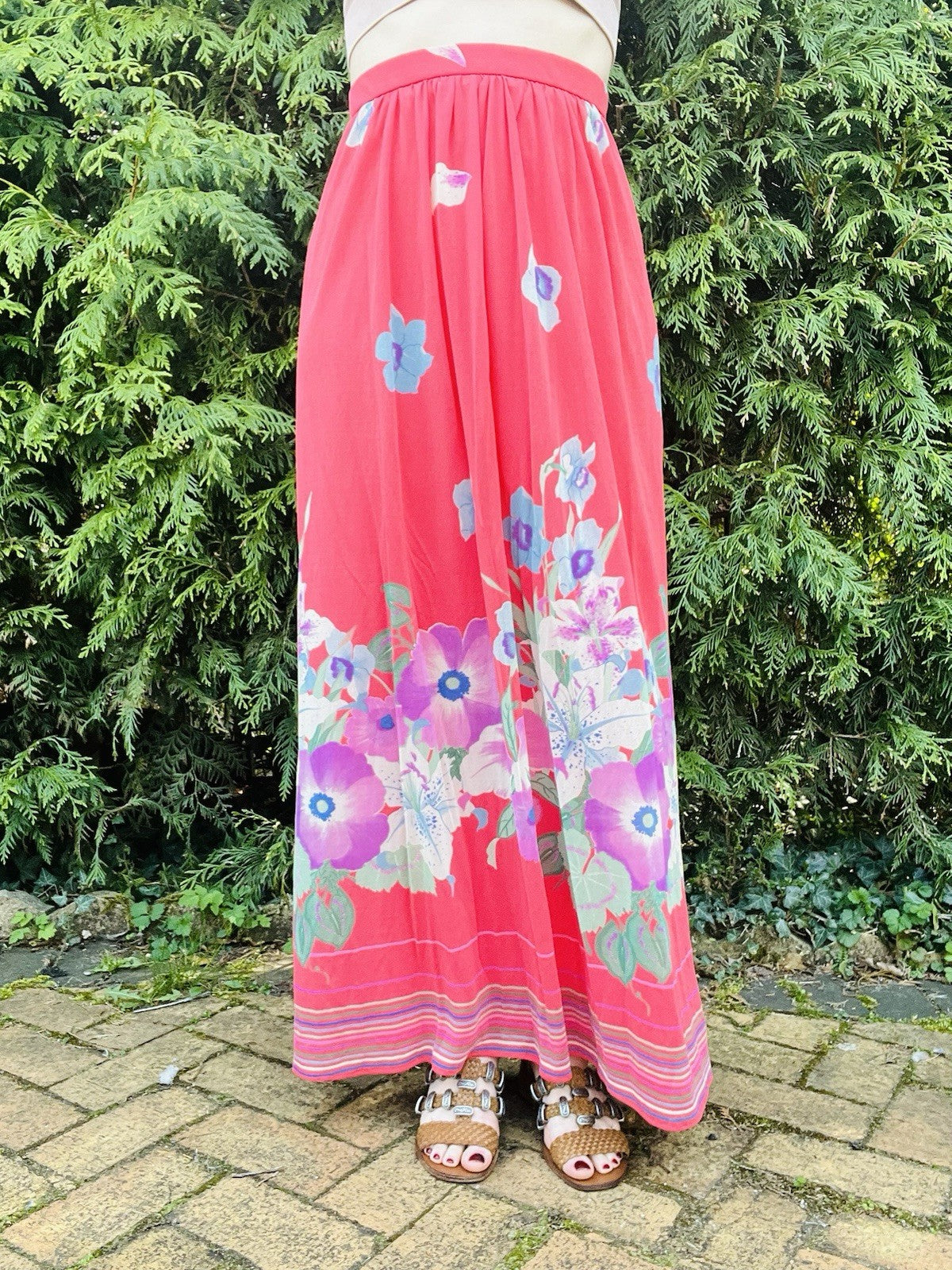 Vintage 1980s Maxi Skirt Bold Floral Print Summer Festival Long Skirt Pink 10