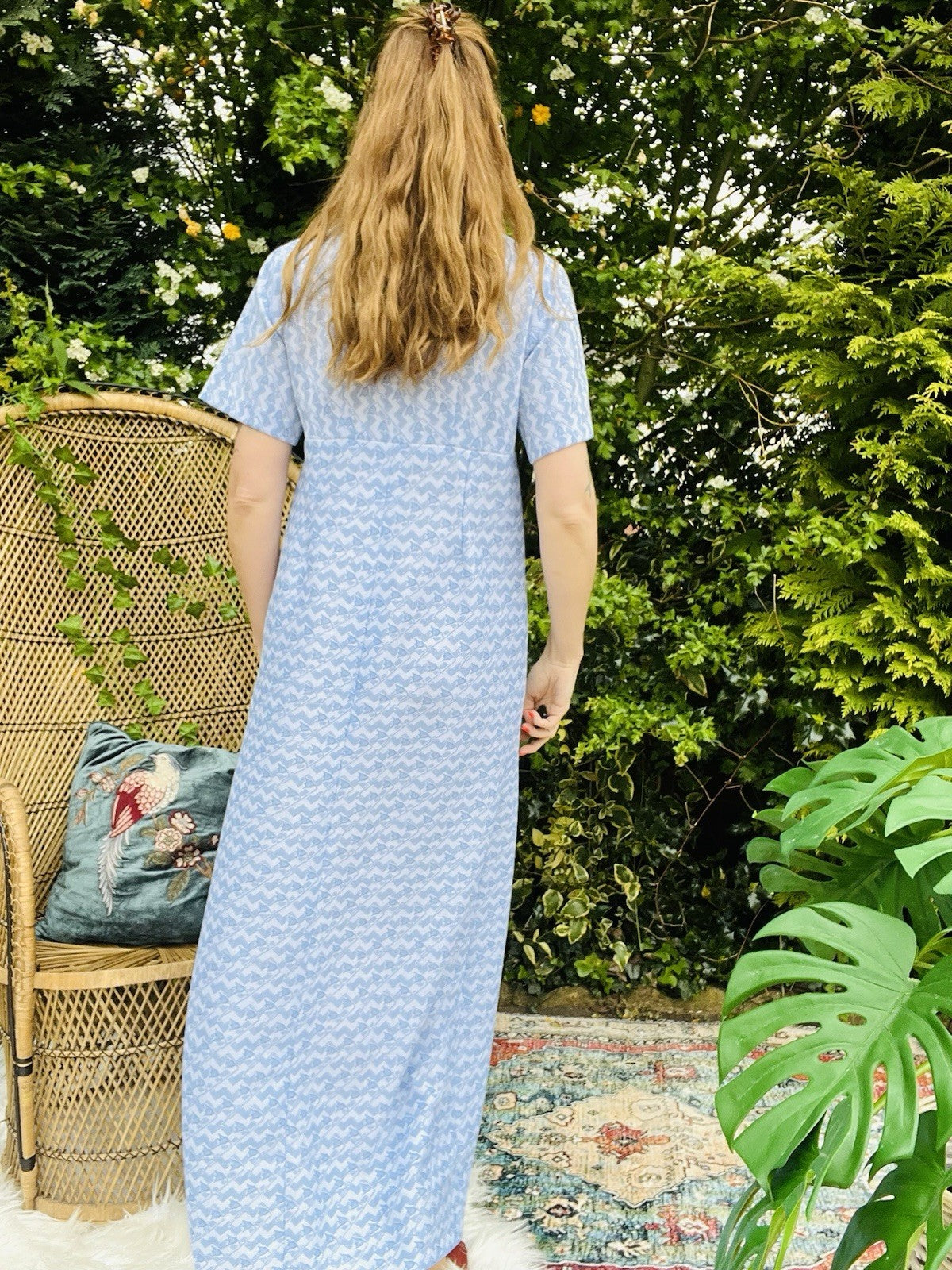 Vintage 1960s Maxi Dress Empire Waist Short Sleeve Long Summer Dress Blue 14