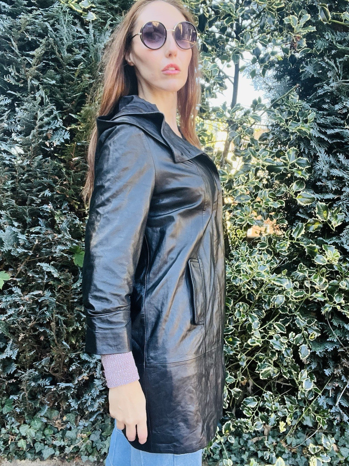 Vintage 1980s Leather Jacket With Hood, Retro Cropped Sleeve Long Length 10-12