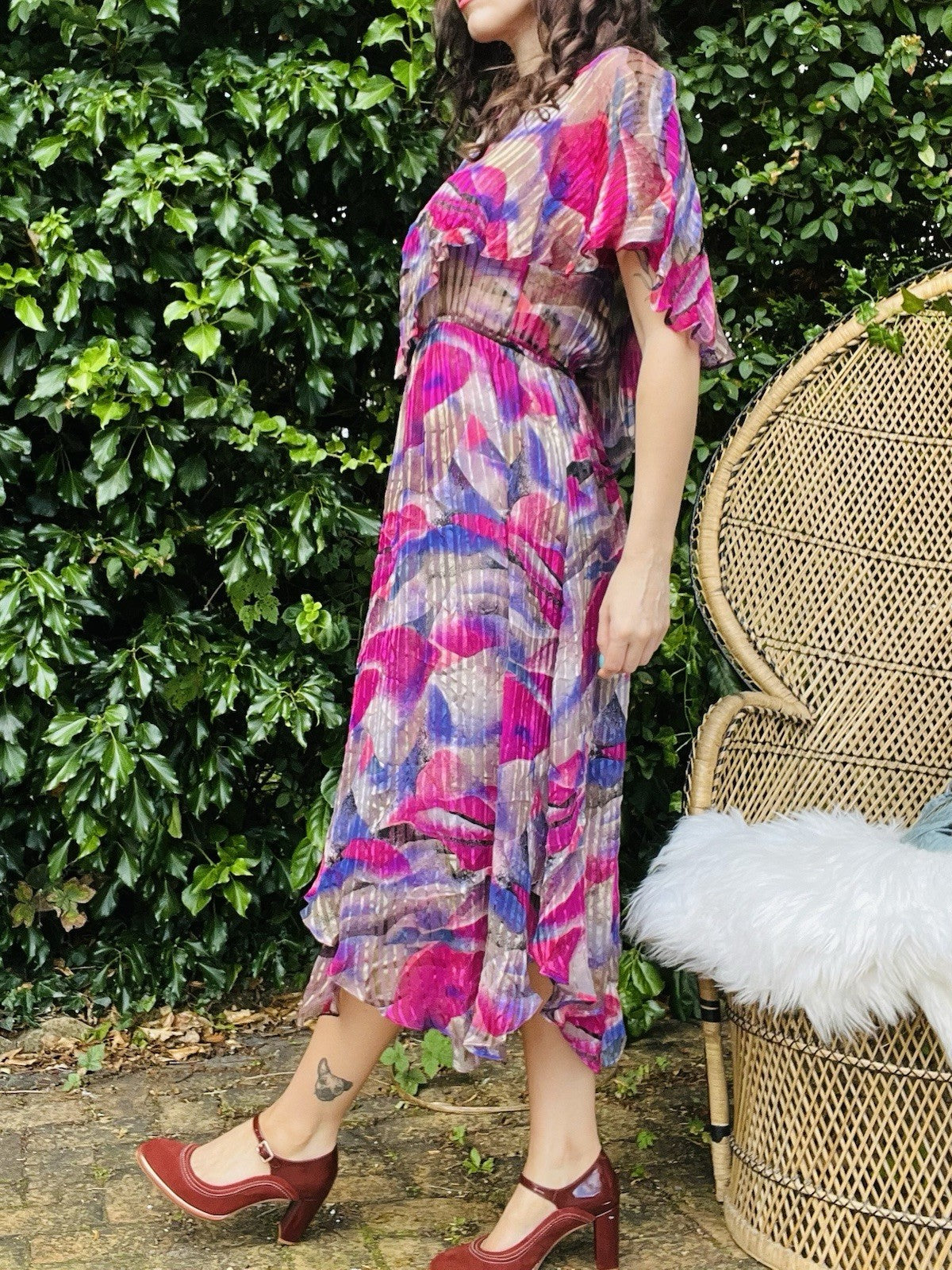 Vintage 1980s Floaty Dress With Cape Sleeves Bold Retro Pink And Purple Sheer 12