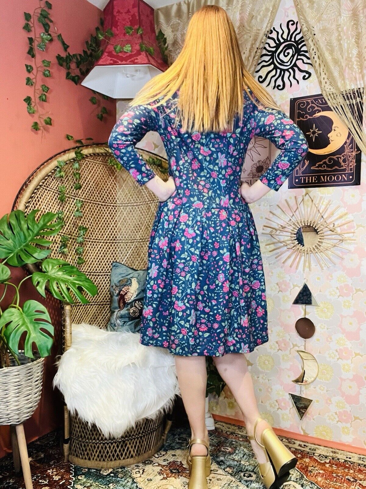 Vintage 1960s Shirt Dress By Deanes Long Sleeve Floral Shorter Fitting Blue 10