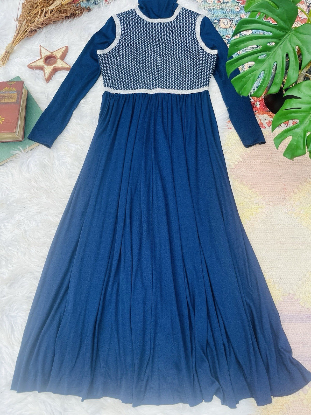 vintage 1960s maxi dress floaty retro long sleeve high neck blue size 12