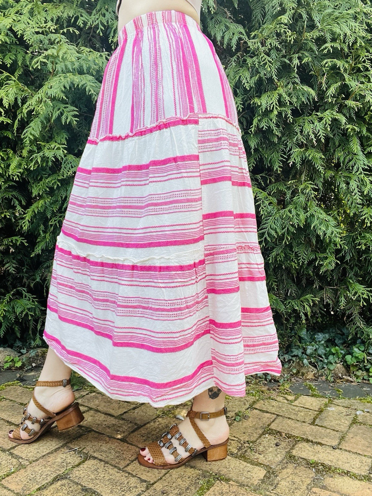 Hippie Boho Festival Skirt Layered Pink Striped Floaty Summer Midi Skirt Size S