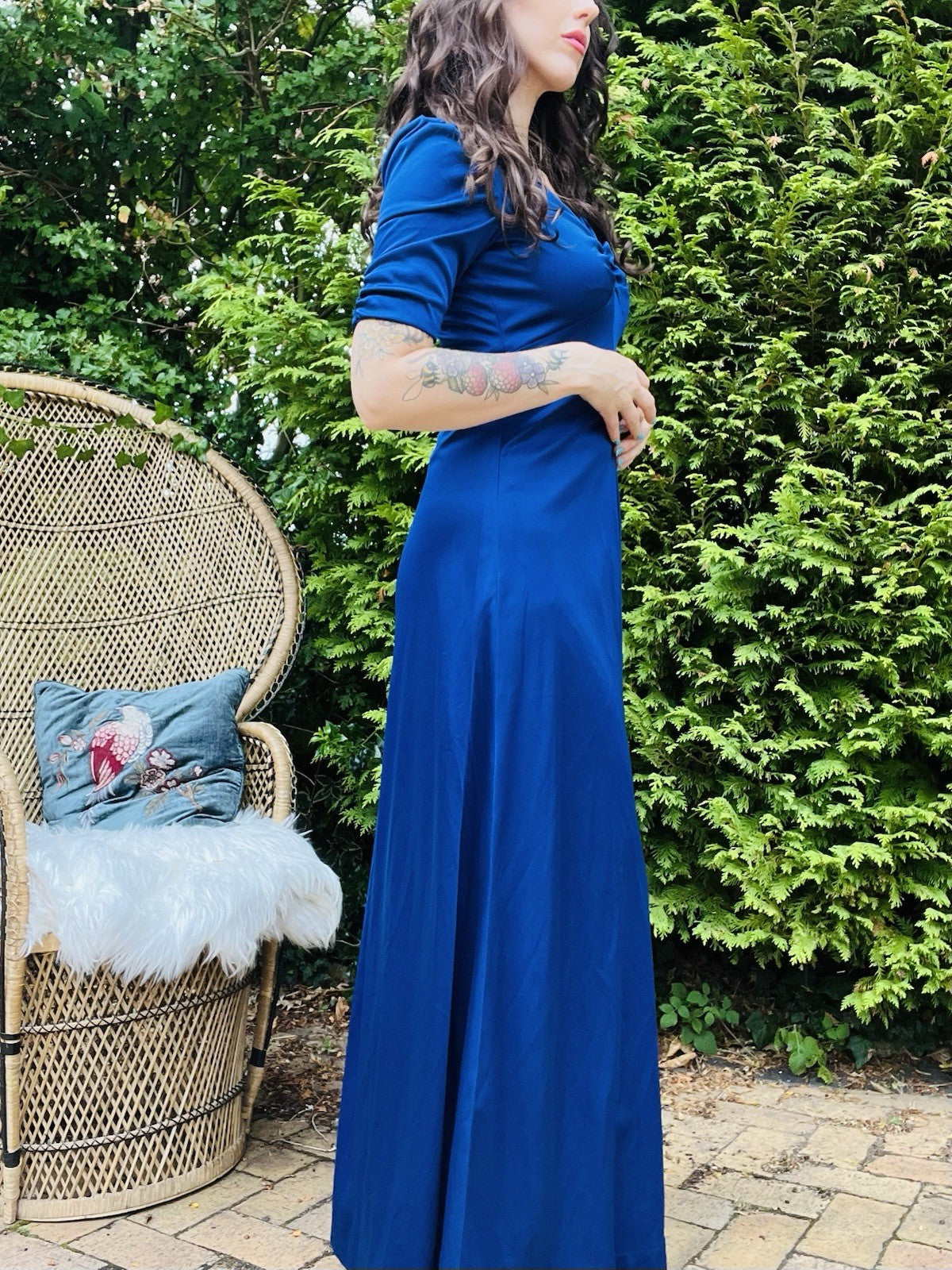 Vintage 1970s Maxi Dress, Short Sleeves Long Length Rouched Bust Dress - Blue 10