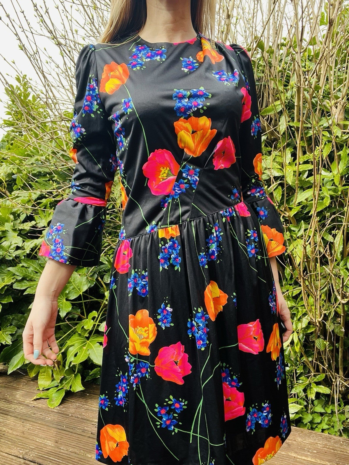 Vintage 1980s Floral Dress Flared Sleeve Assymetric Drop Waist Summer Dress 14