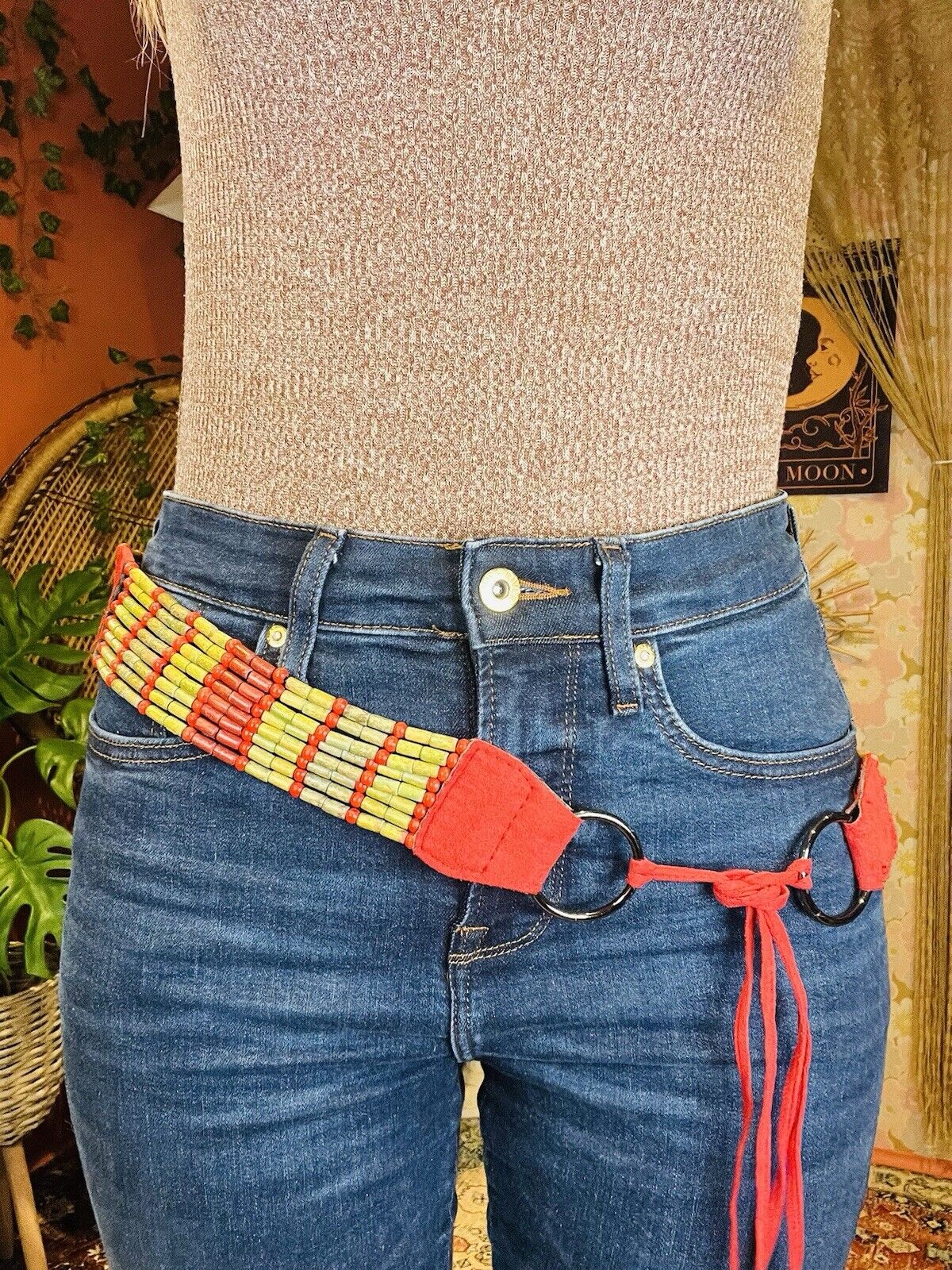 Vintage Boho Hippie Belt Beaded Rope Chain Waist Jewellery Red Green 35inch