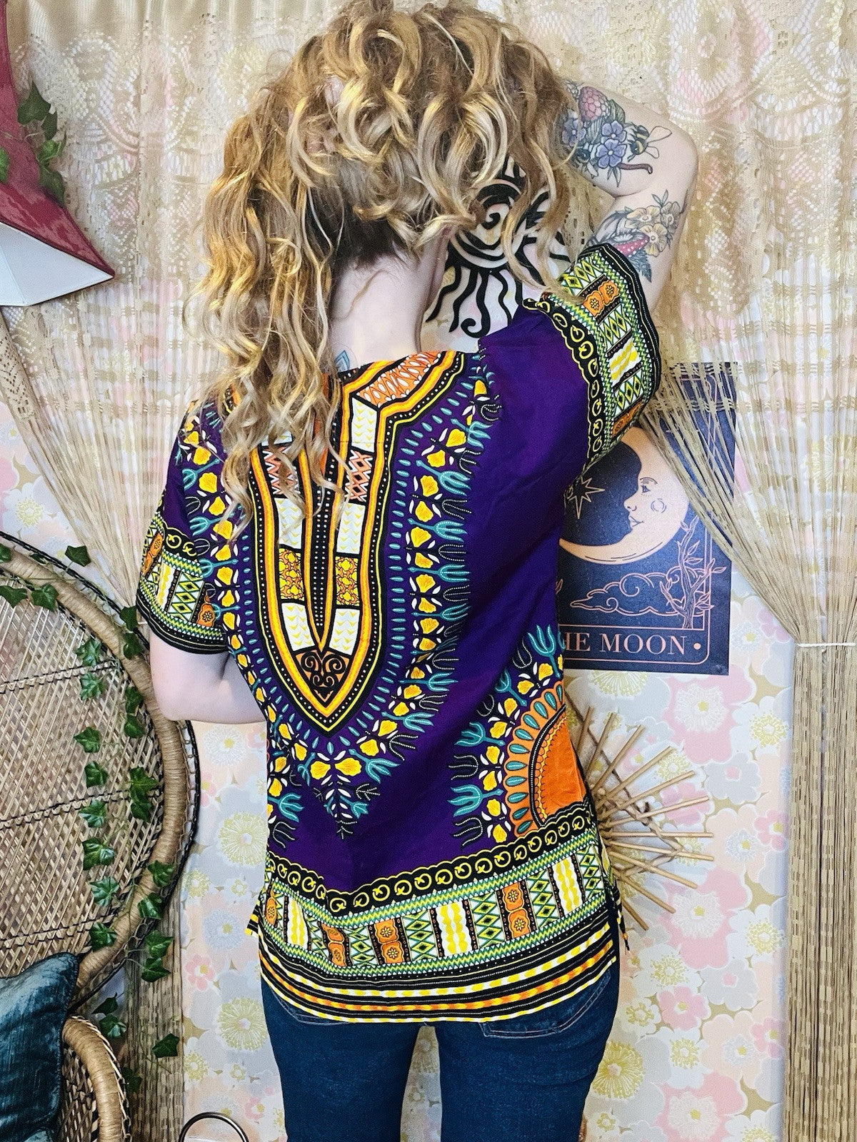 African Dashiki Boho Top 100% Cotton Summer T-shirt Blouse Abstract Print L