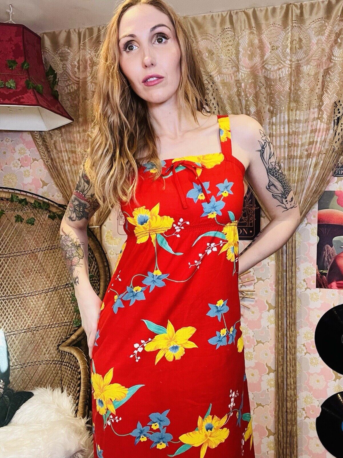 Vintage 1960s Hawaiian Dress By Darina Honolulu Red Floral Maxi Summer Dress 10