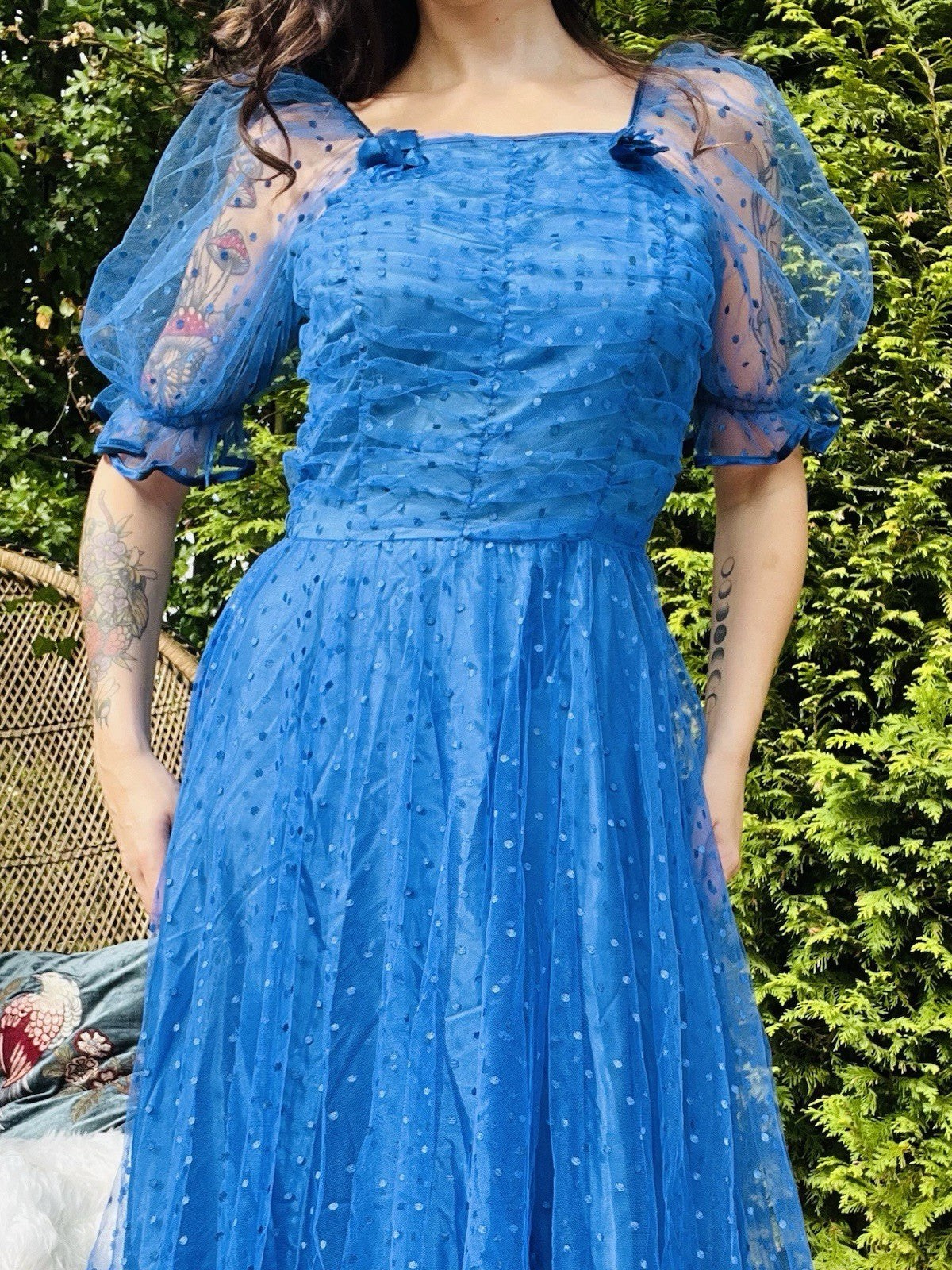 Vintage 1980s Long Dress, Sheer Polkadot Puff Sleeves Ball Gown - Blue Size 10