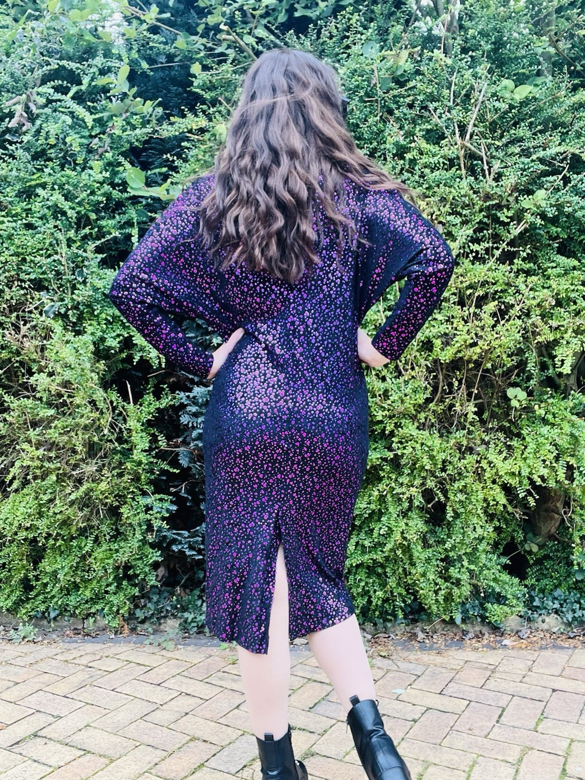 Vintage 1980s Batwing Dress Long Sleeve Polcadot Shiny Fun Fancy Dress Size 10