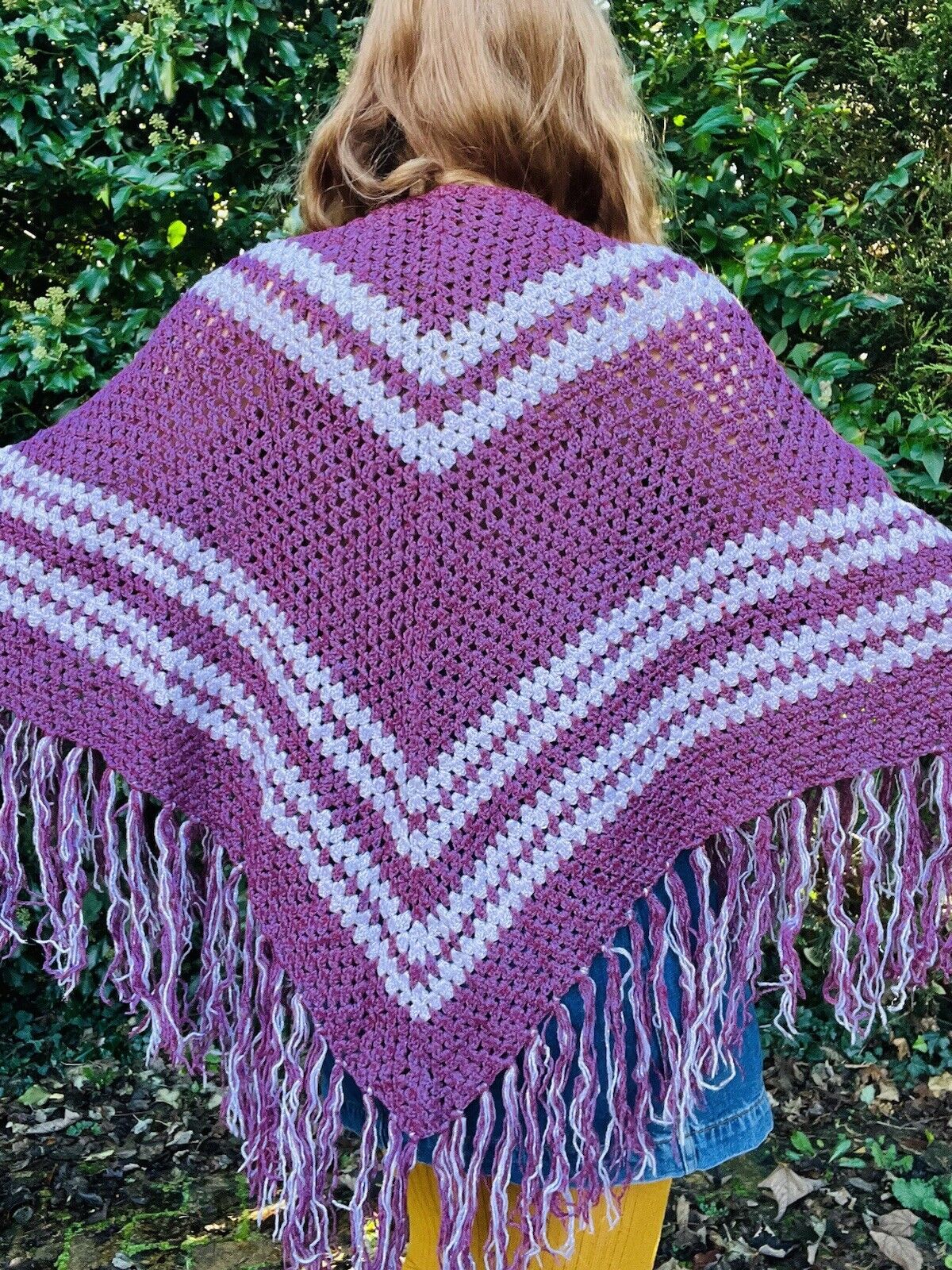 Vintage Boho Crochet Shawl Hippie Triangle Knit Wrap Cape Cottage Whimsy Scarf