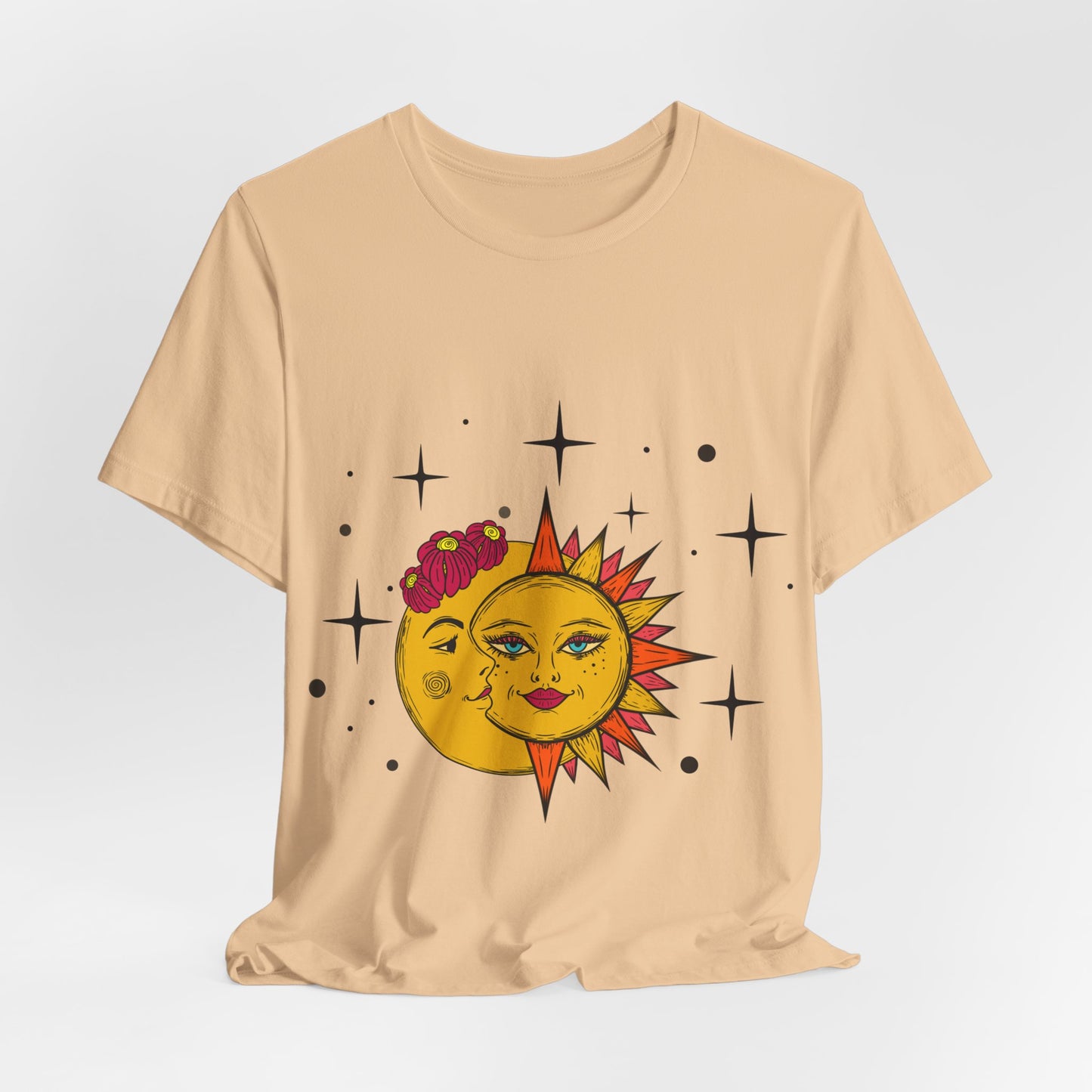 Celestial Sun and Moon Tshirt, Boho Stars and flowers Tee, Galaxy Graphic Shirt, whimsical Top