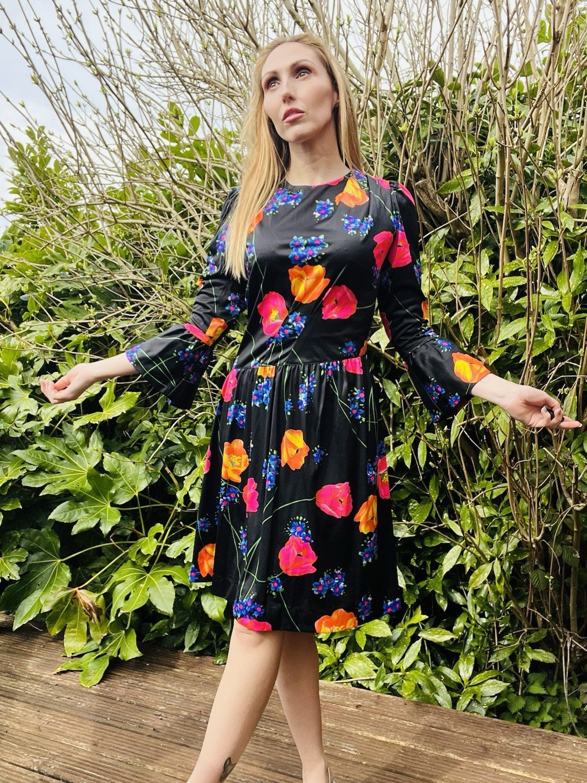 Vintage 1980s Floral Dress Flared Sleeve Assymetric Drop Waist Summer Dress 14