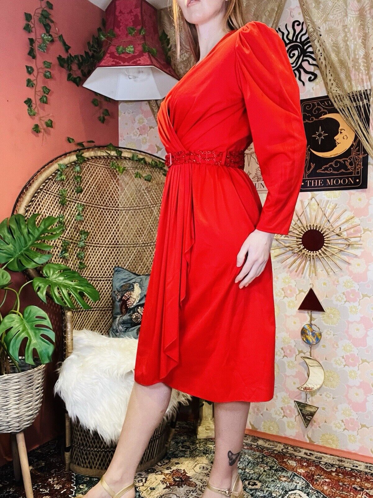 Vintage 1980s Wrap Style Dress Long Sleeve With Sparkly Belt Red Size 10
