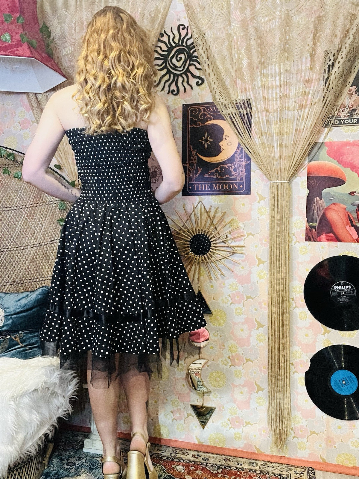 Vintage 1980s Polkadot Dress Frilly A-line Strapless Shirring Party Dress 12