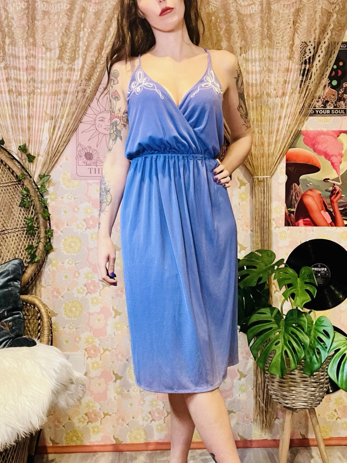 Vintage 1970s Summer Dress By Radley With Embroidered Detail Purple Size 10-12