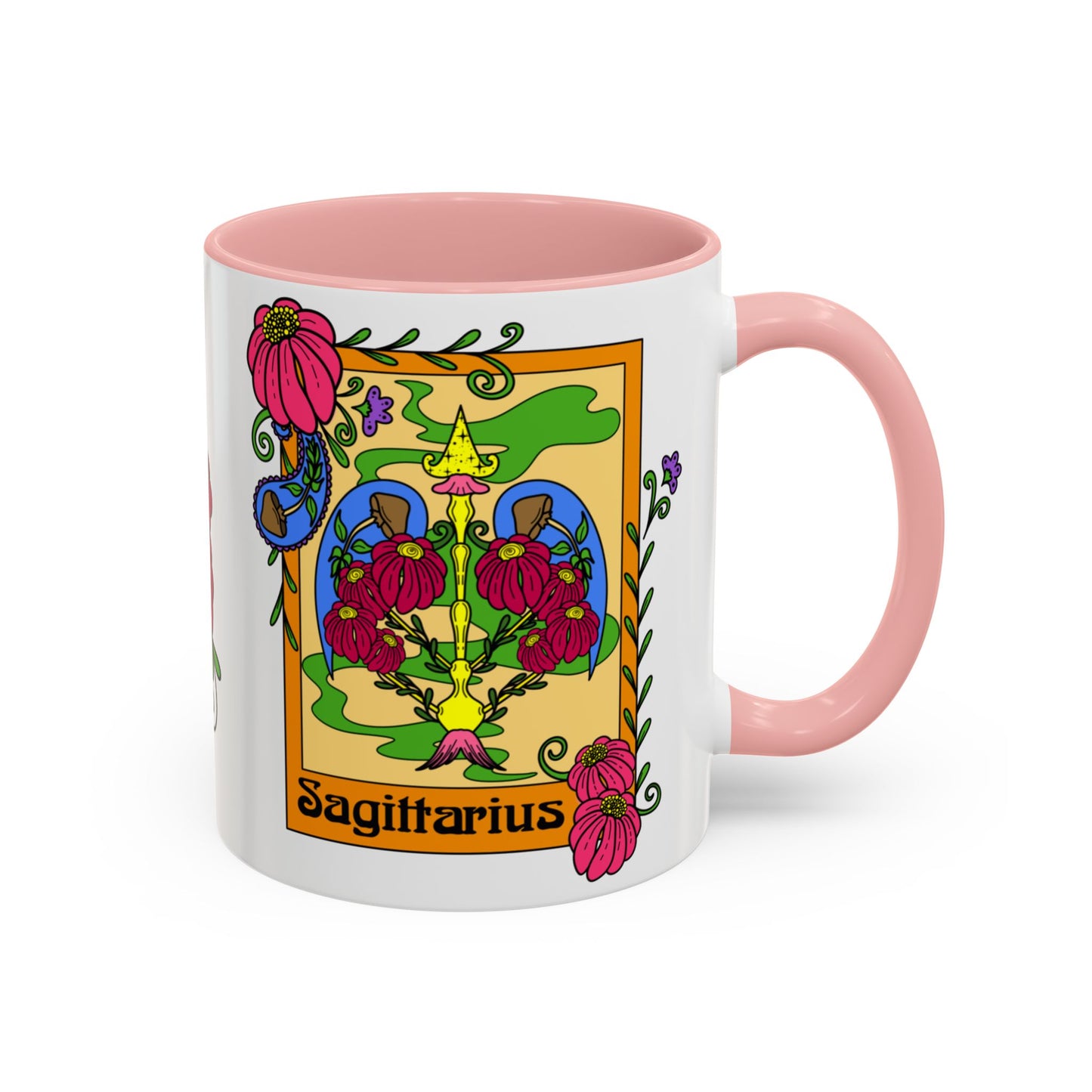 Sagittarius star sign mug, Bow and arrow zodiac astrology coffee cup, Horoscope birthday gift mug, Bold retro colourful Design ceramic mug