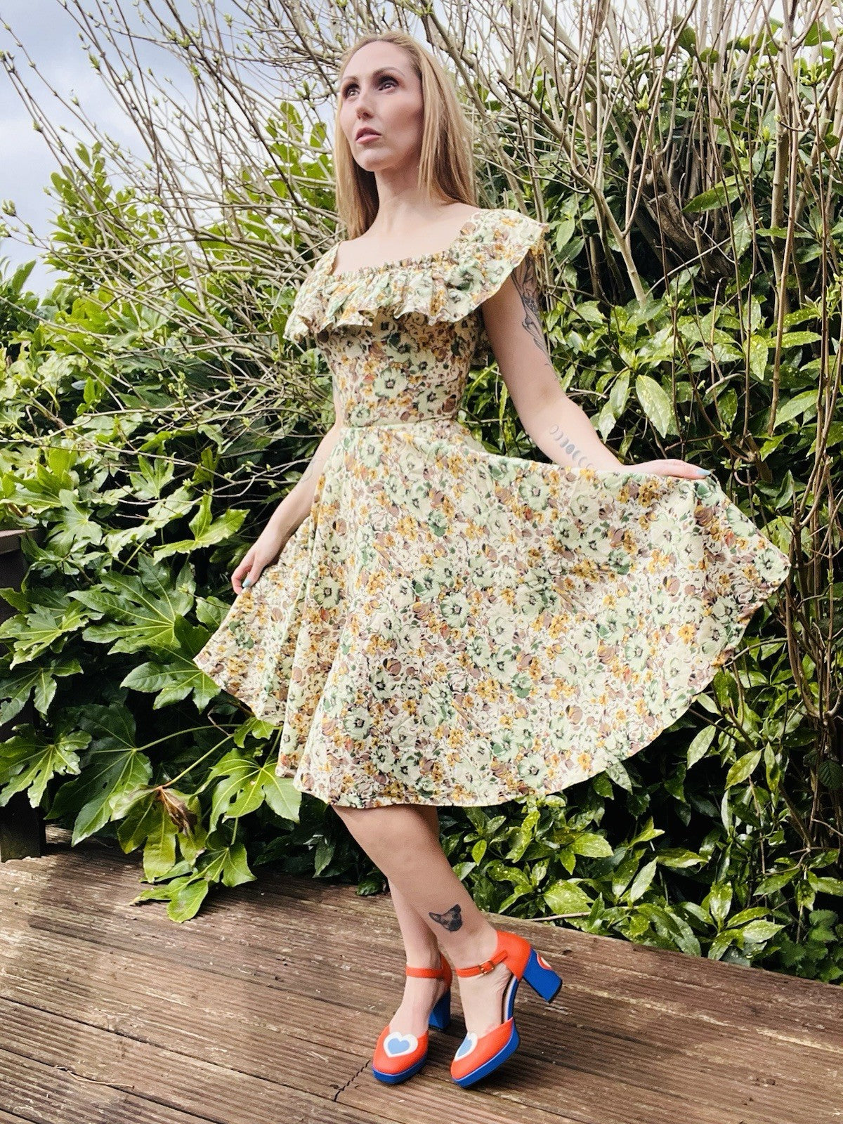 Vintage Floral Summer Dress Bardot Off Shoulder Ruffle Bustier Floaty Midi 6
