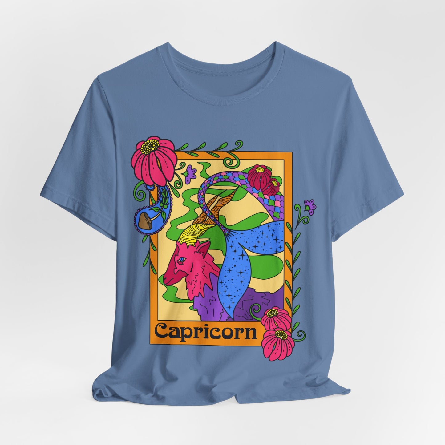 Capricorn star sign T-Shirt, Sea goat zodiac astrology top, Horoscope birthday gift Tee, Bold retro colourful Design tshirt