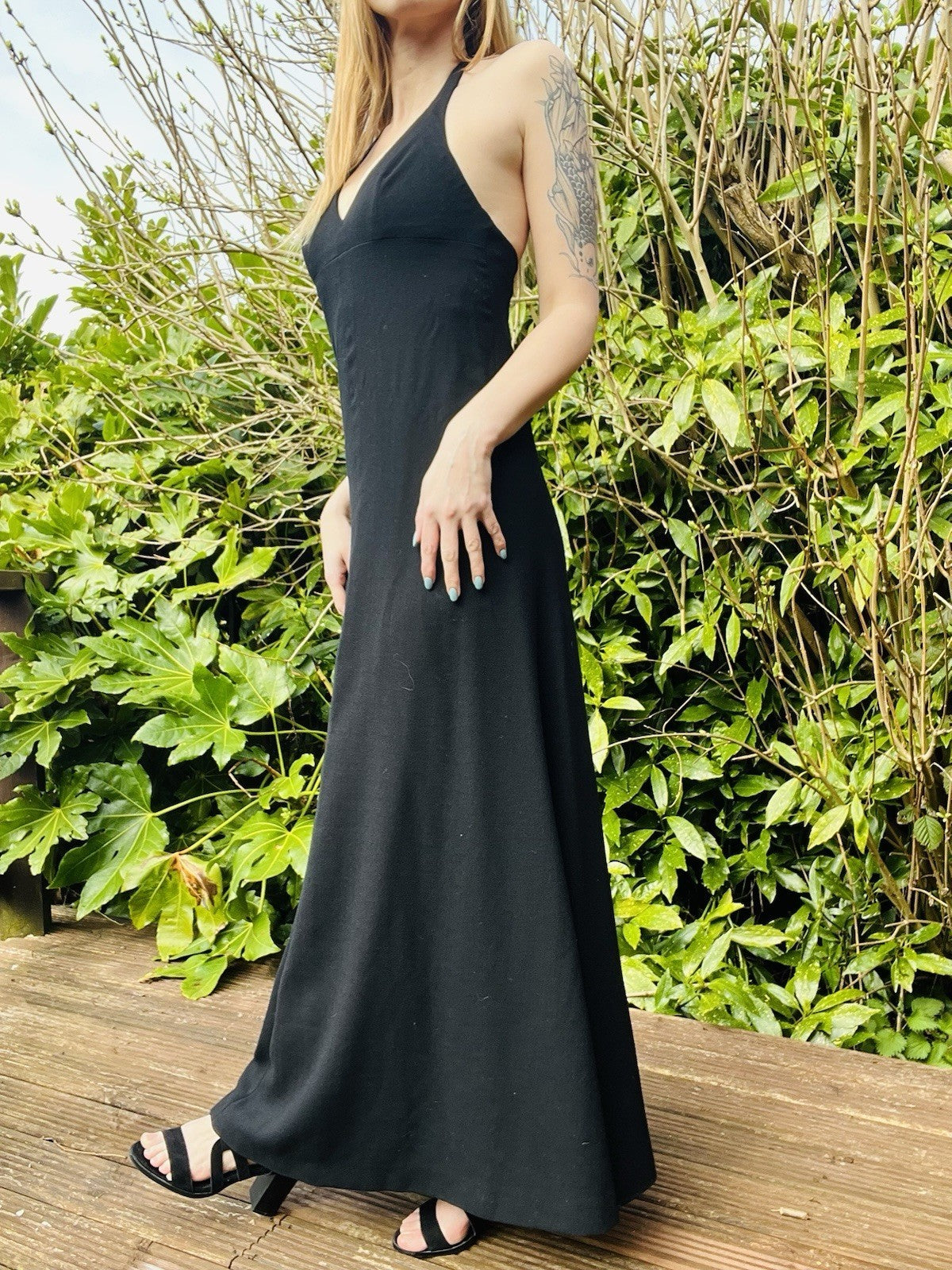 Vintage 1970s Maxi Dress Halterneck Low Back Long Dress By Janick Black Size 8