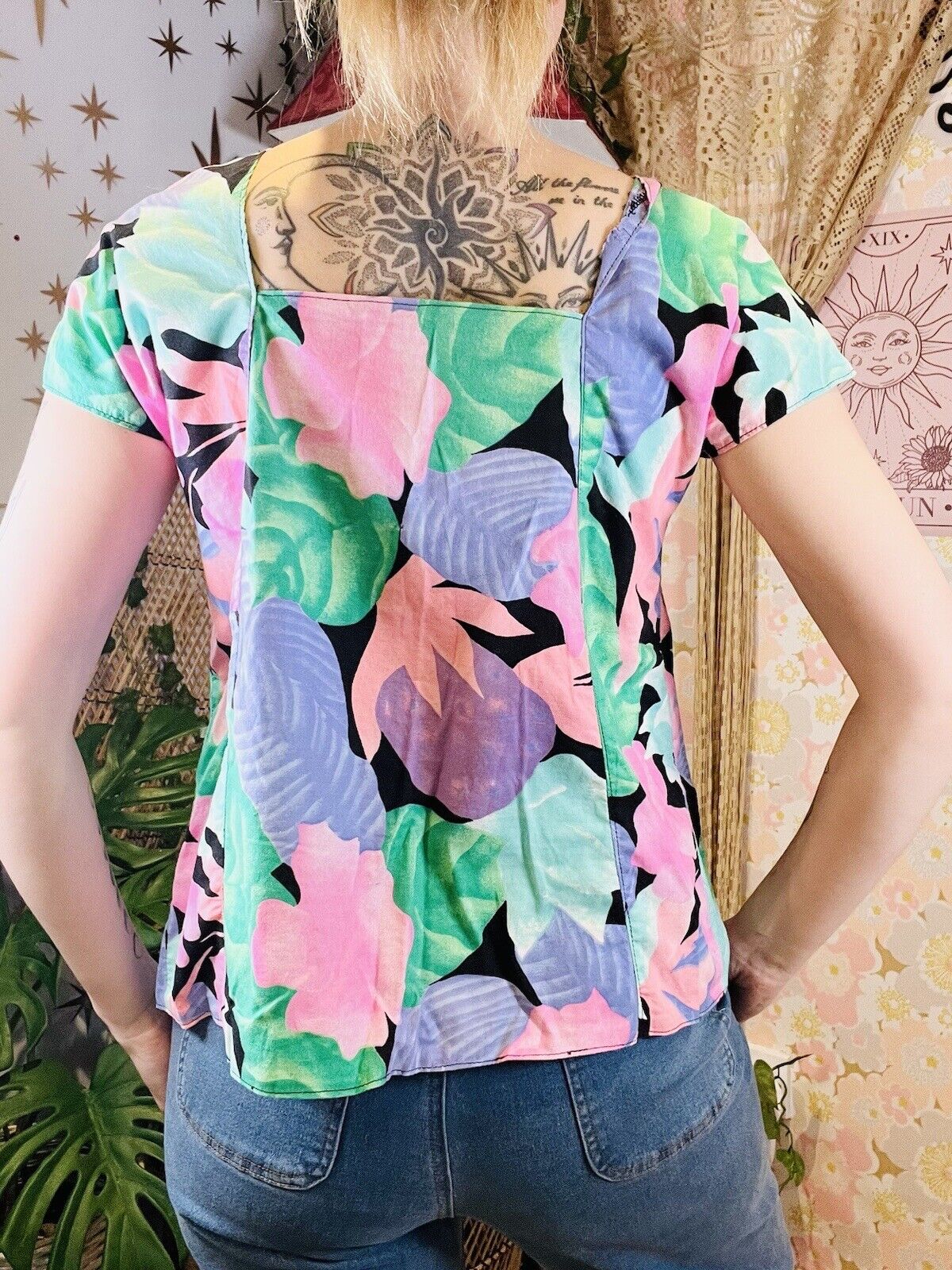 Vintage 80s Blouse Top With Bold Floral Summer Print And Asymmetric Button 12