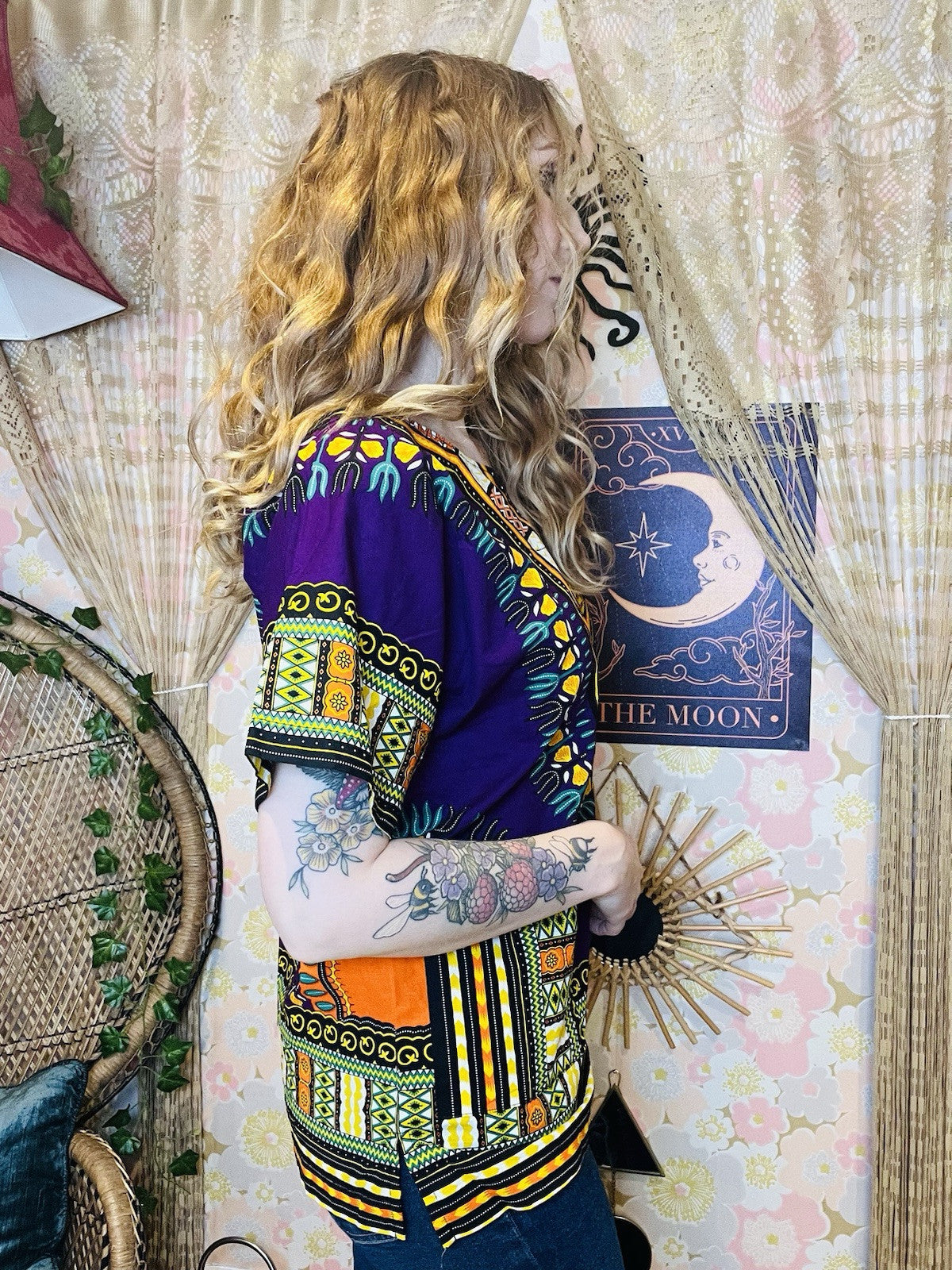 African Dashiki Boho Top 100% Cotton Summer T-shirt Blouse Abstract Print L