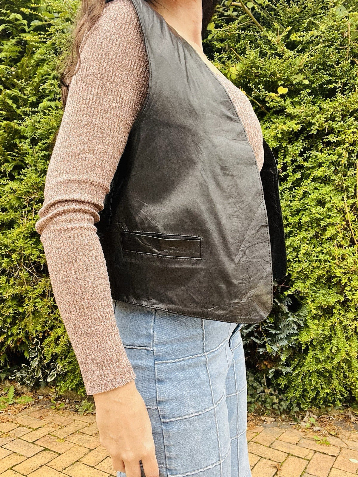 Vintage 1970s Leather Waistcoat, Cropped Sleeveless Jacket, Pockets, Black 10-12