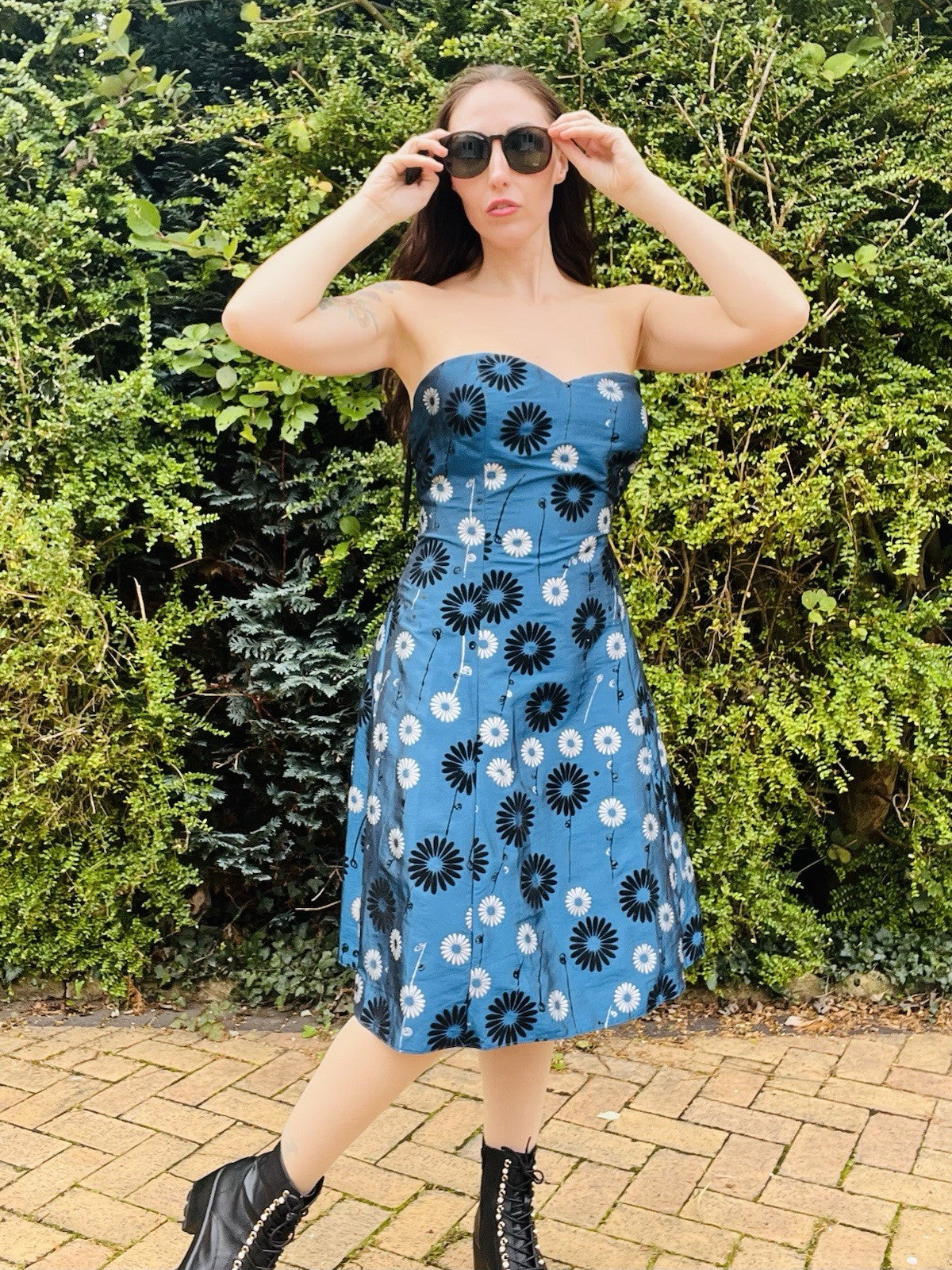 Vintage 1990s Cocktail Dress, Strapless A Line With Floral Daisy Print, Blue 16