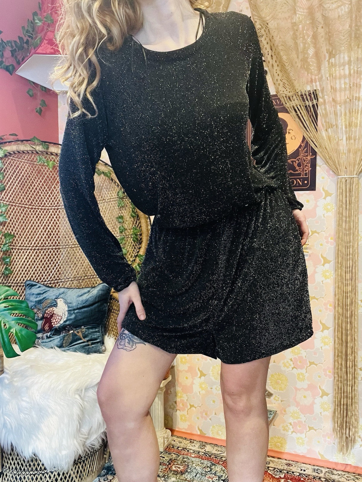 Long Sleeved Playsuit Black Silver Sparkly Glitter Short Bomper With Open Back L