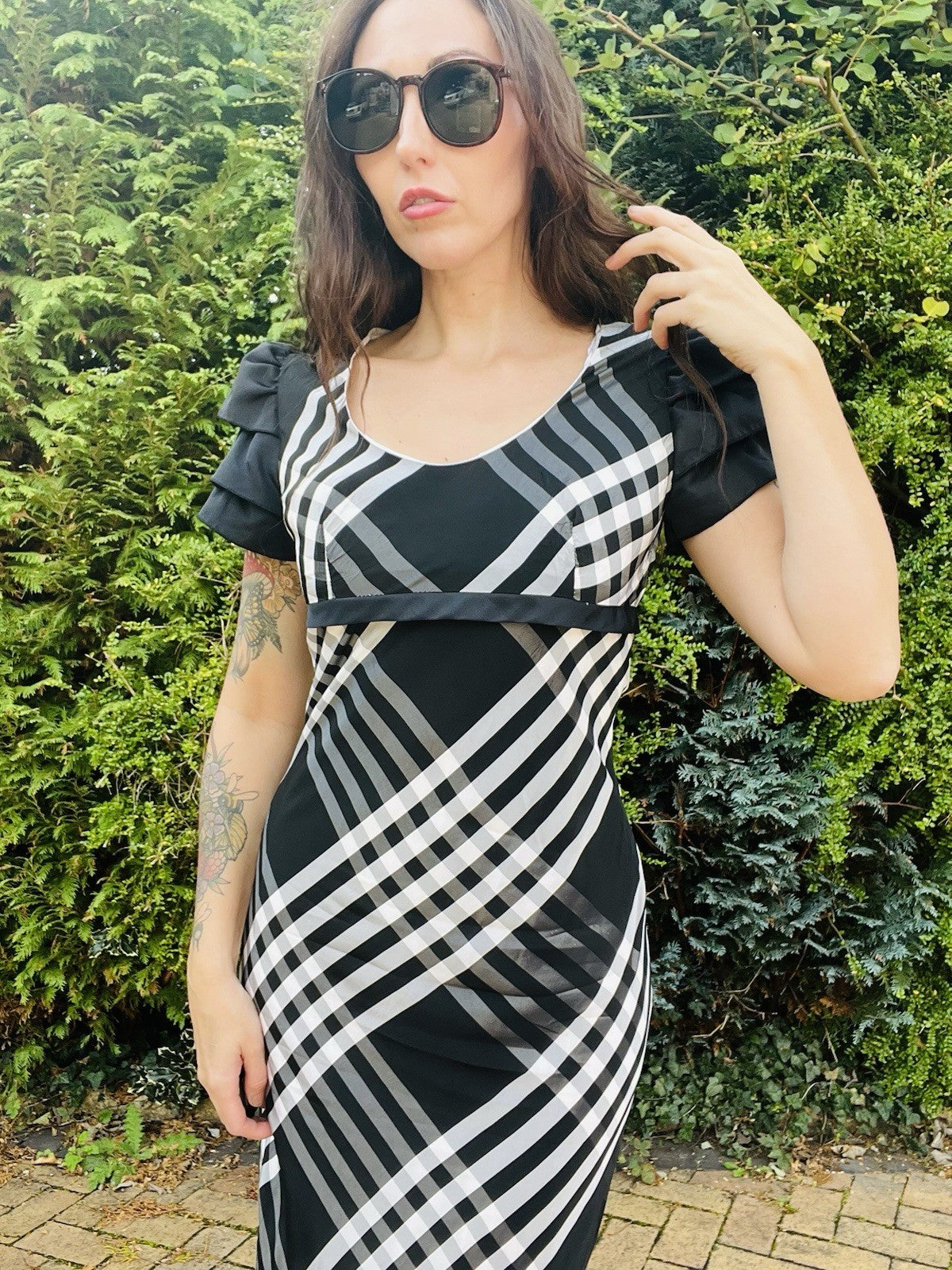 Vintage 1970s Long Dress, Empire Waist Tartan Plaid Frilly Maxi Dress Size 10-12