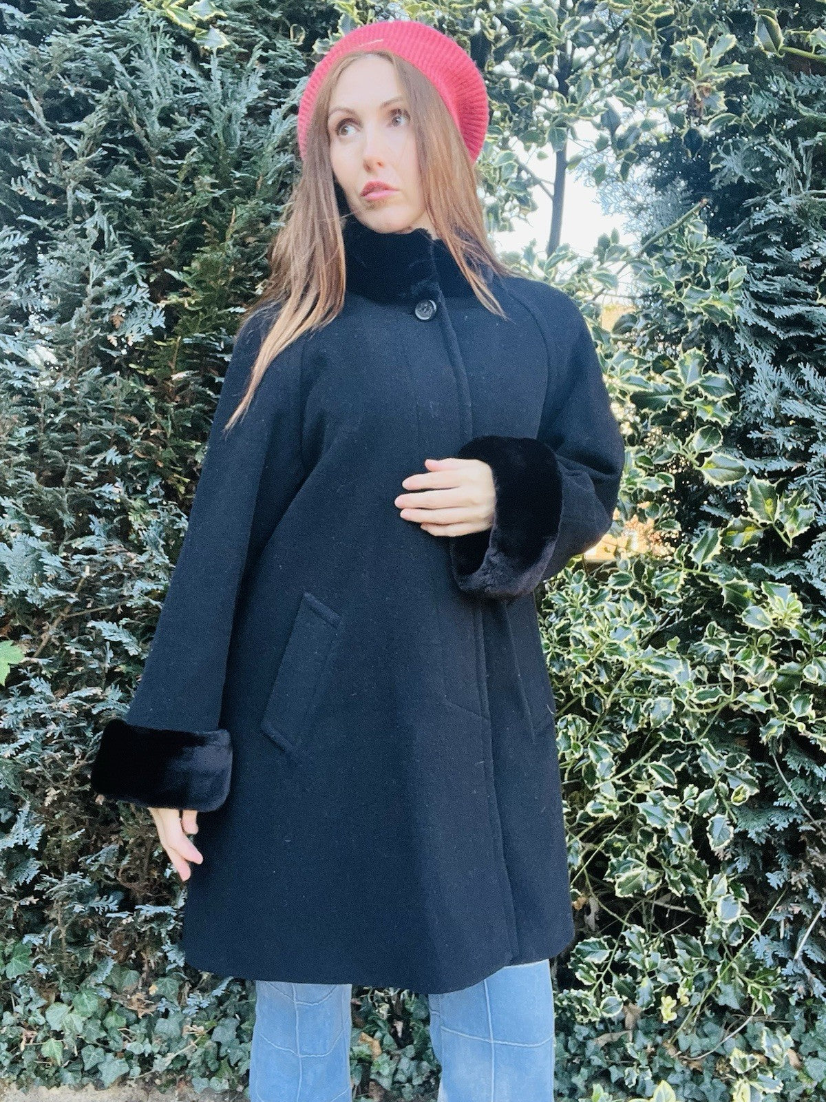 Vintage 1980s Coat Cashmere Blend By Hamells Black With Faux Fur Trim Size 12